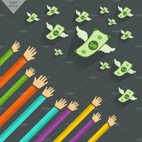A group of hands reaching for money.