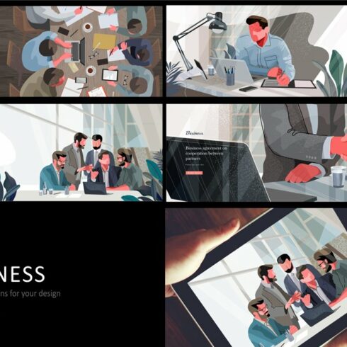 A series of illustrations depicting a business meeting.