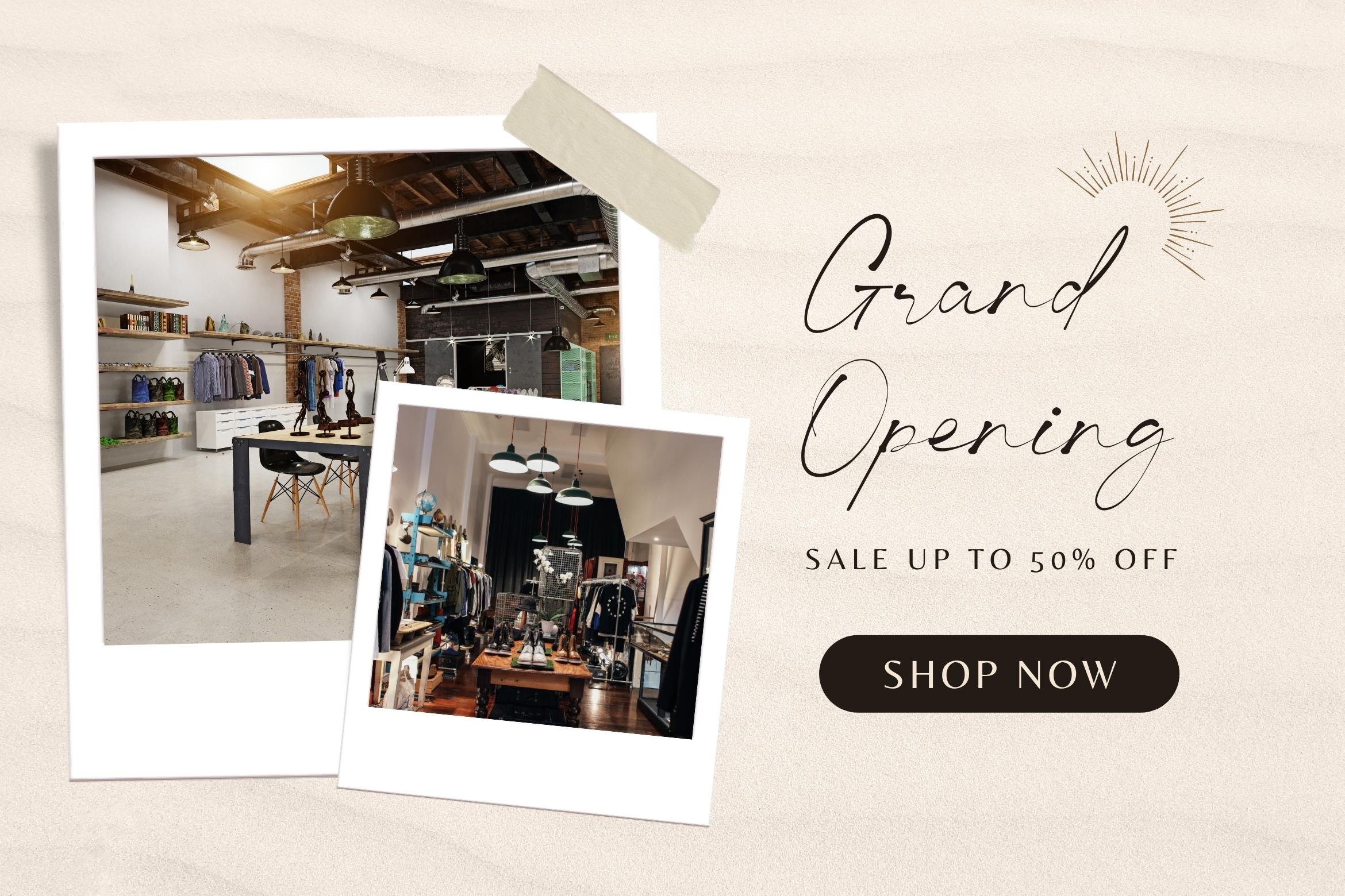 A picture of a store with the words grand opening sale up to 50 % off.