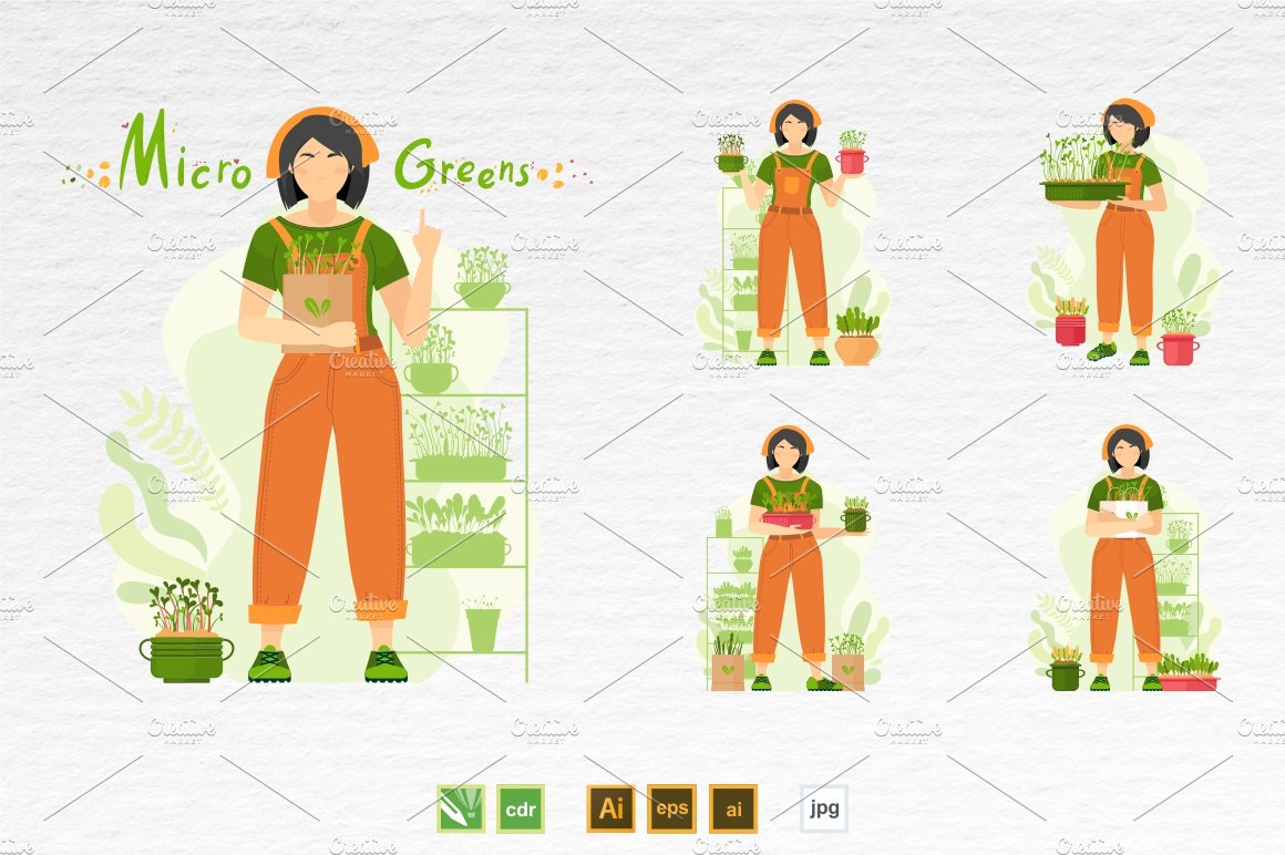 Woman in orange overalls holding a potted plant.