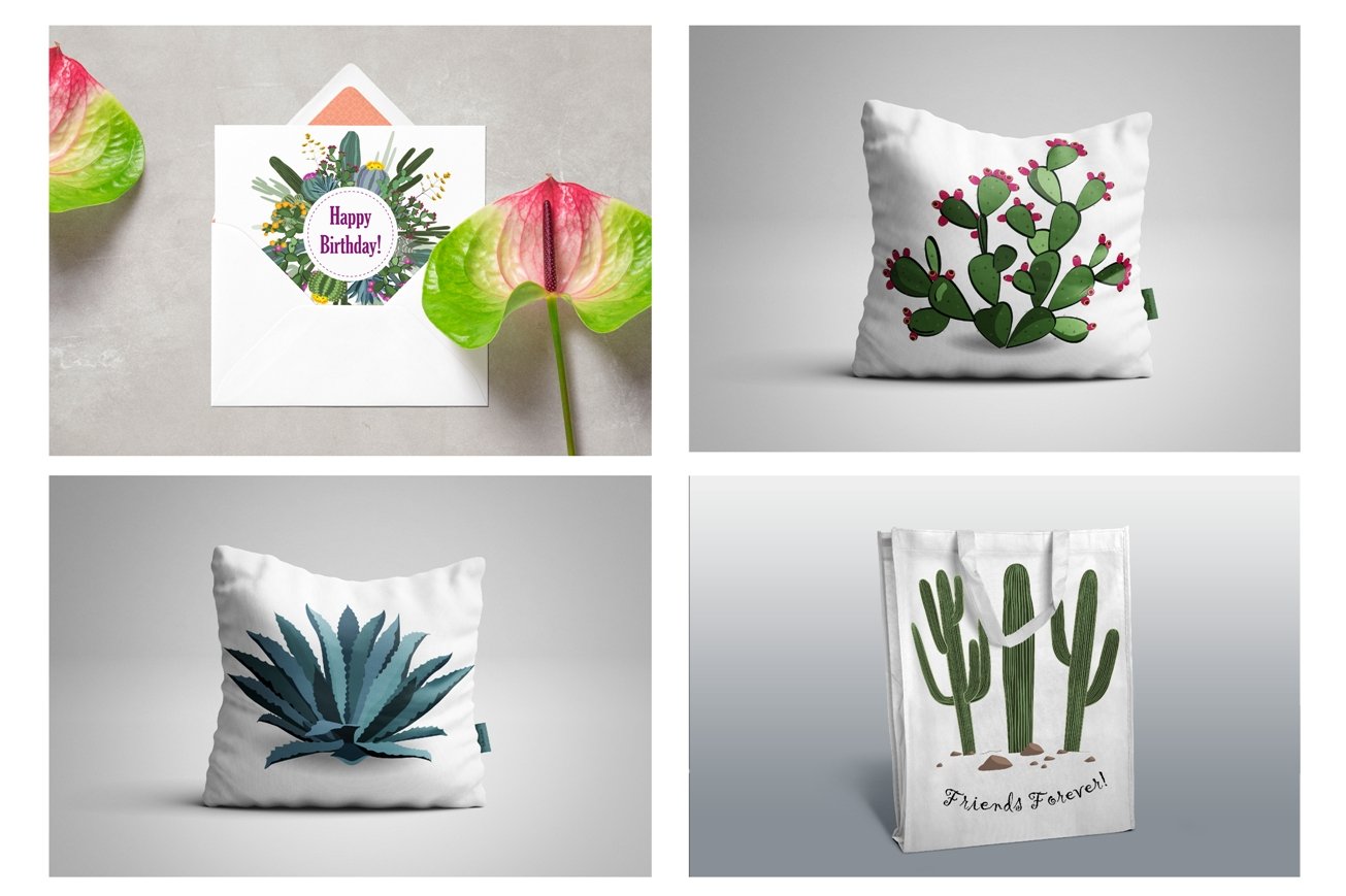 Series of four photos of a cactus themed pillow.