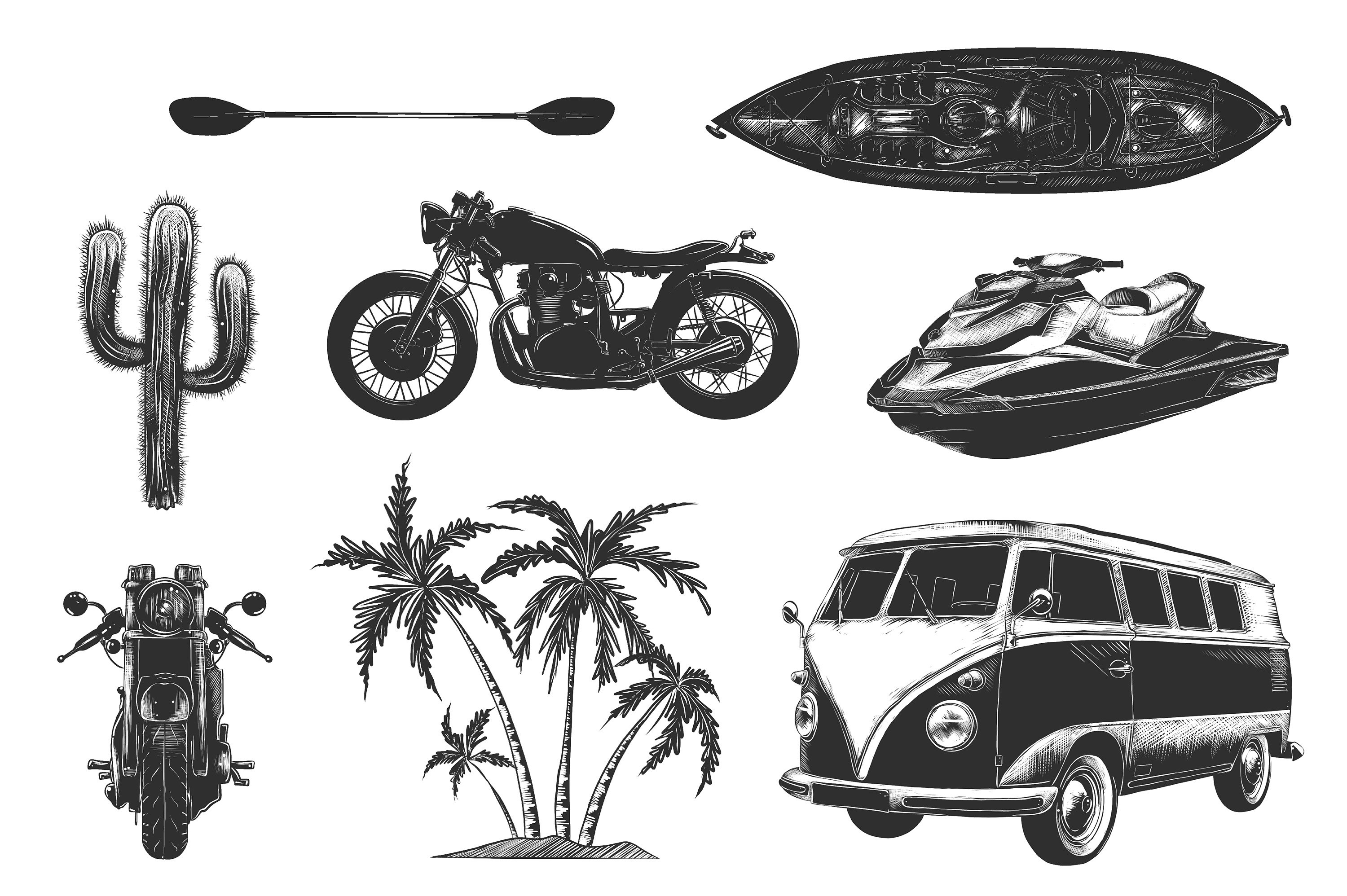 Black and white drawing of different types of vehicles.