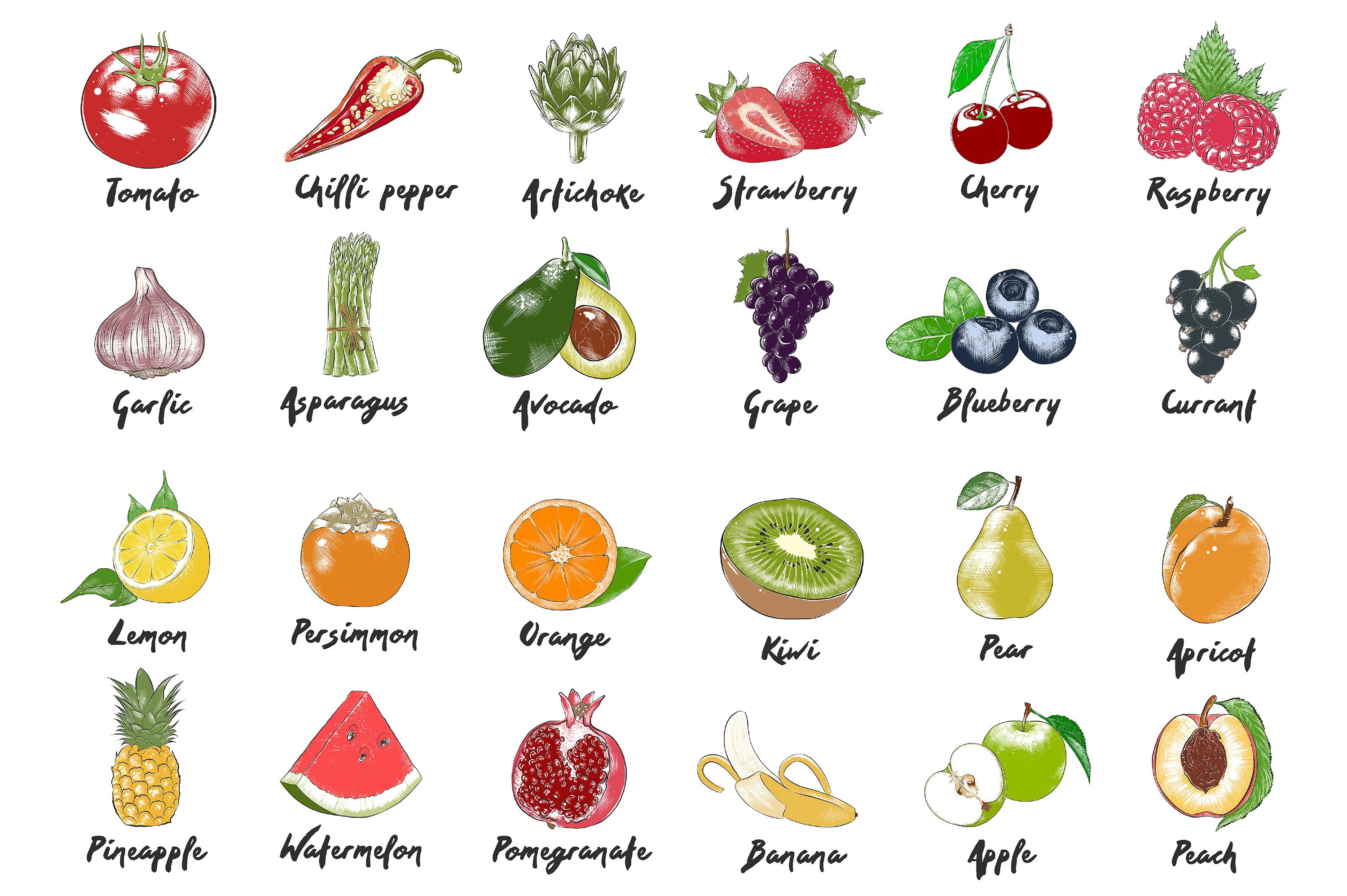 Bunch of different fruits and vegetables on a white background.