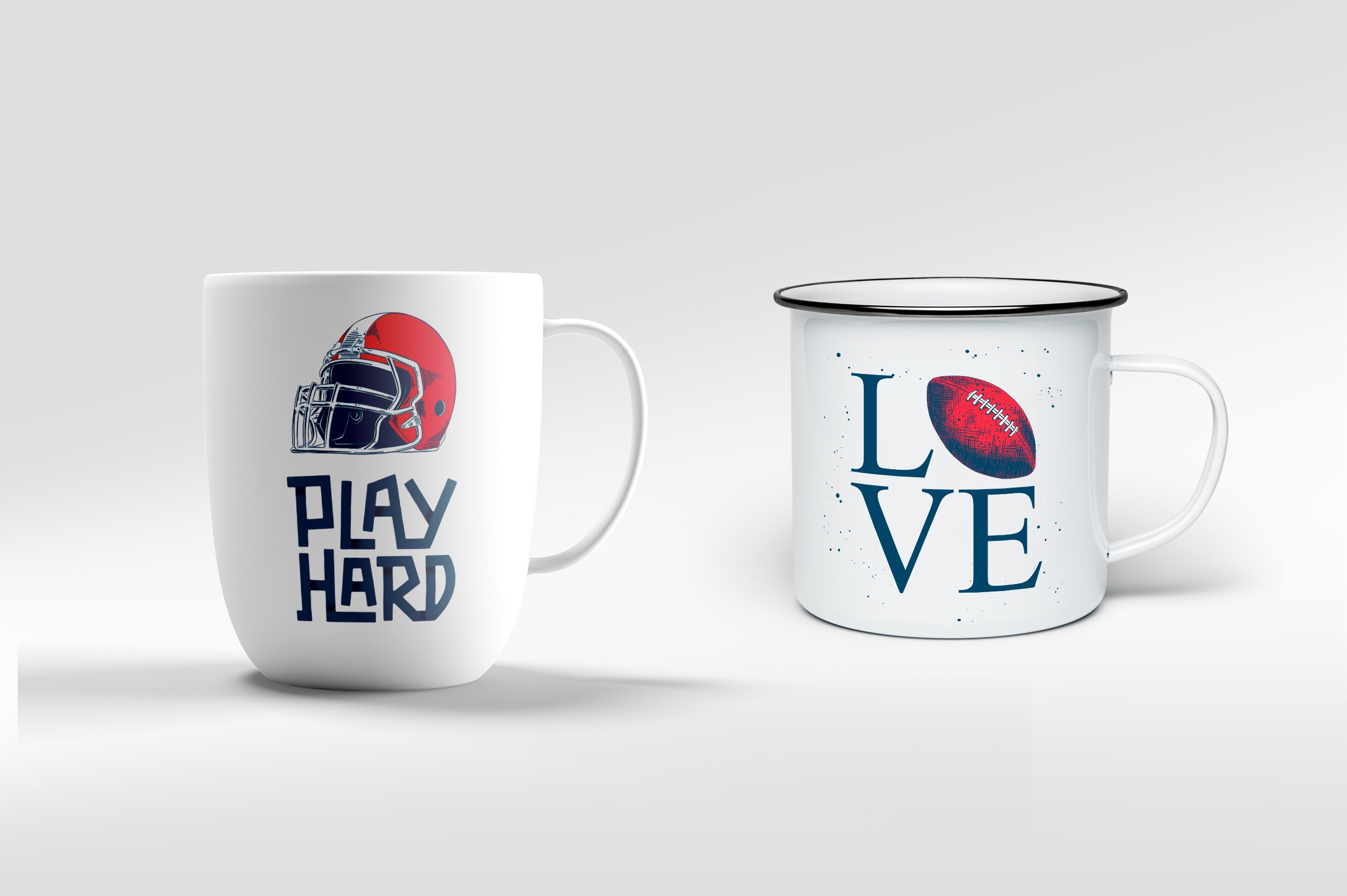 Two coffee mugs one with a football helmet and the other with love.
