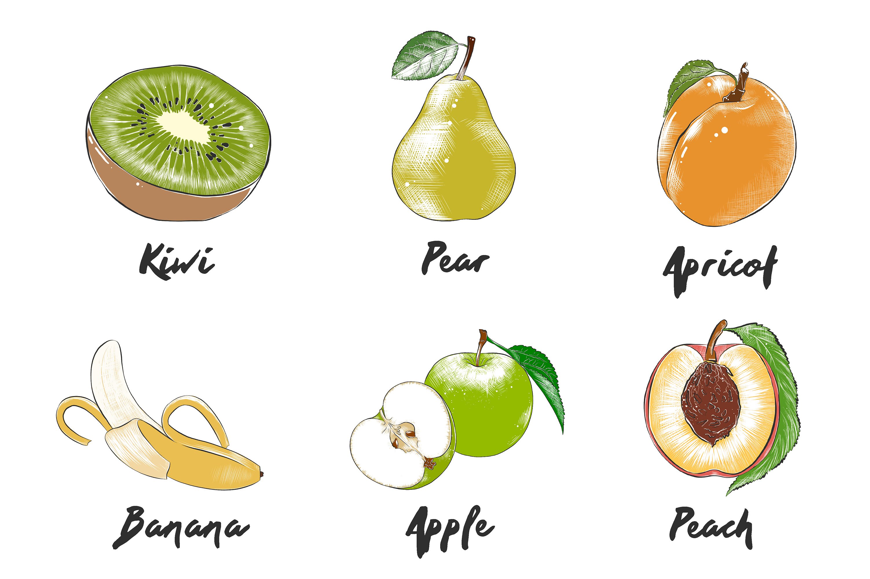 A bunch of fruits that are labeled in different languages.