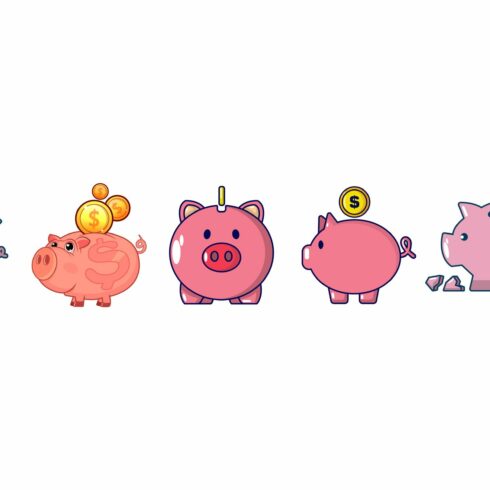 A row of piggy banks in different colors.