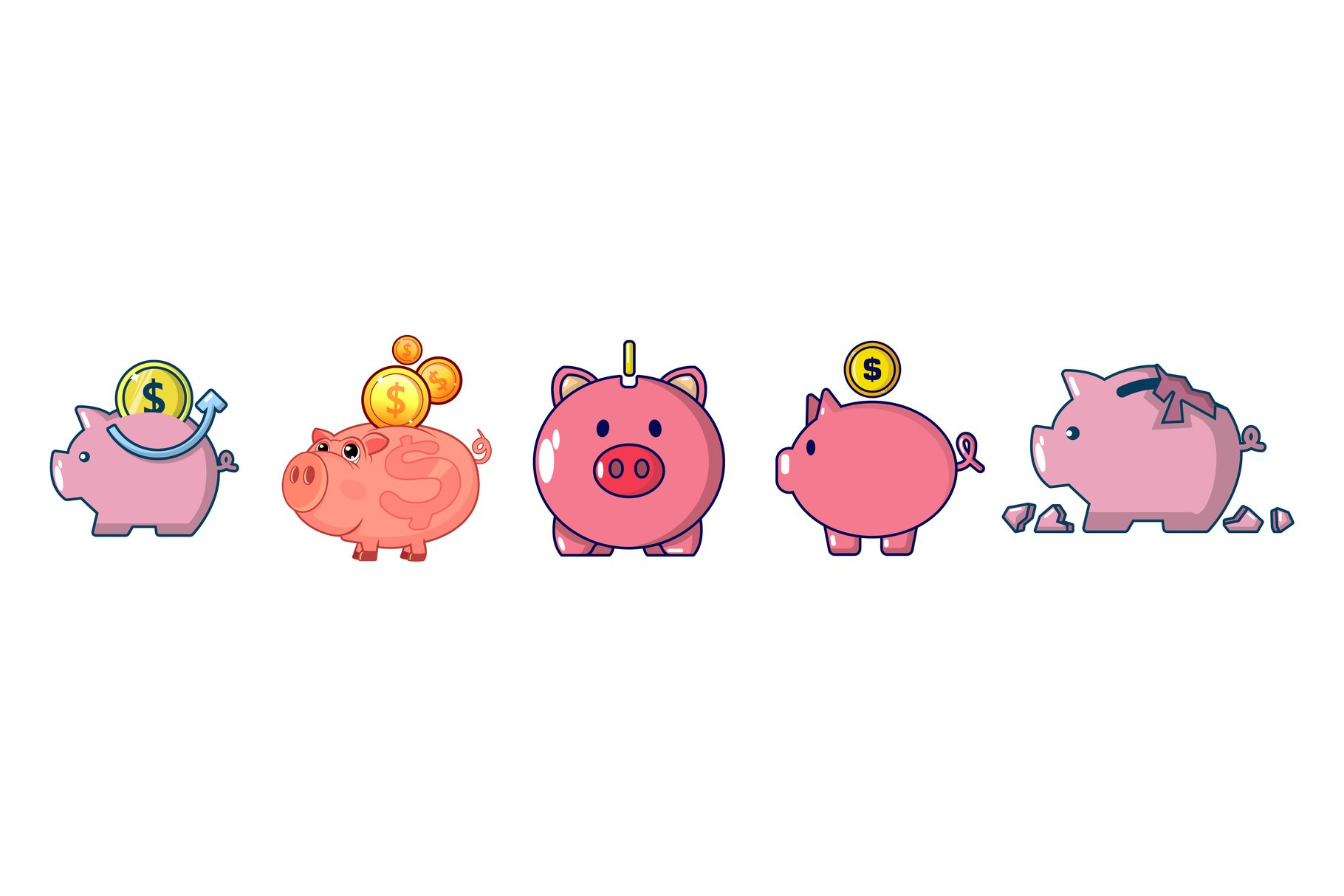 A row of piggy banks in different colors.