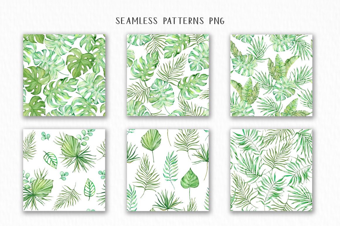 Set of four watercolor leaves patterns.