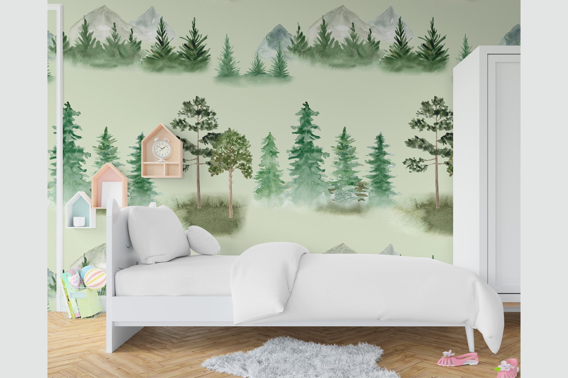 Bedroom with a wall mural of trees and mountains.