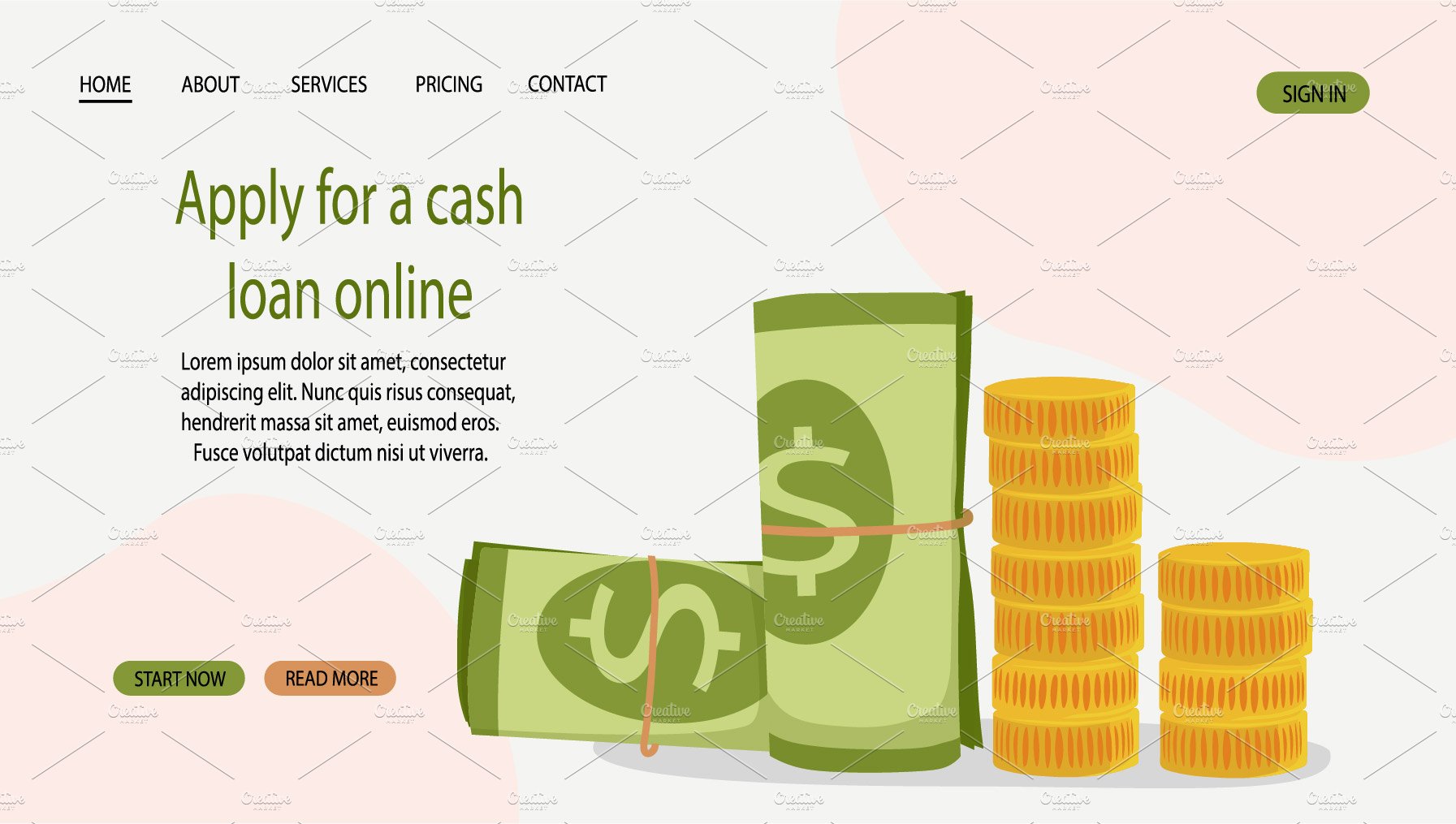 A website page with stacks of money and the words apply for a cash loan online.