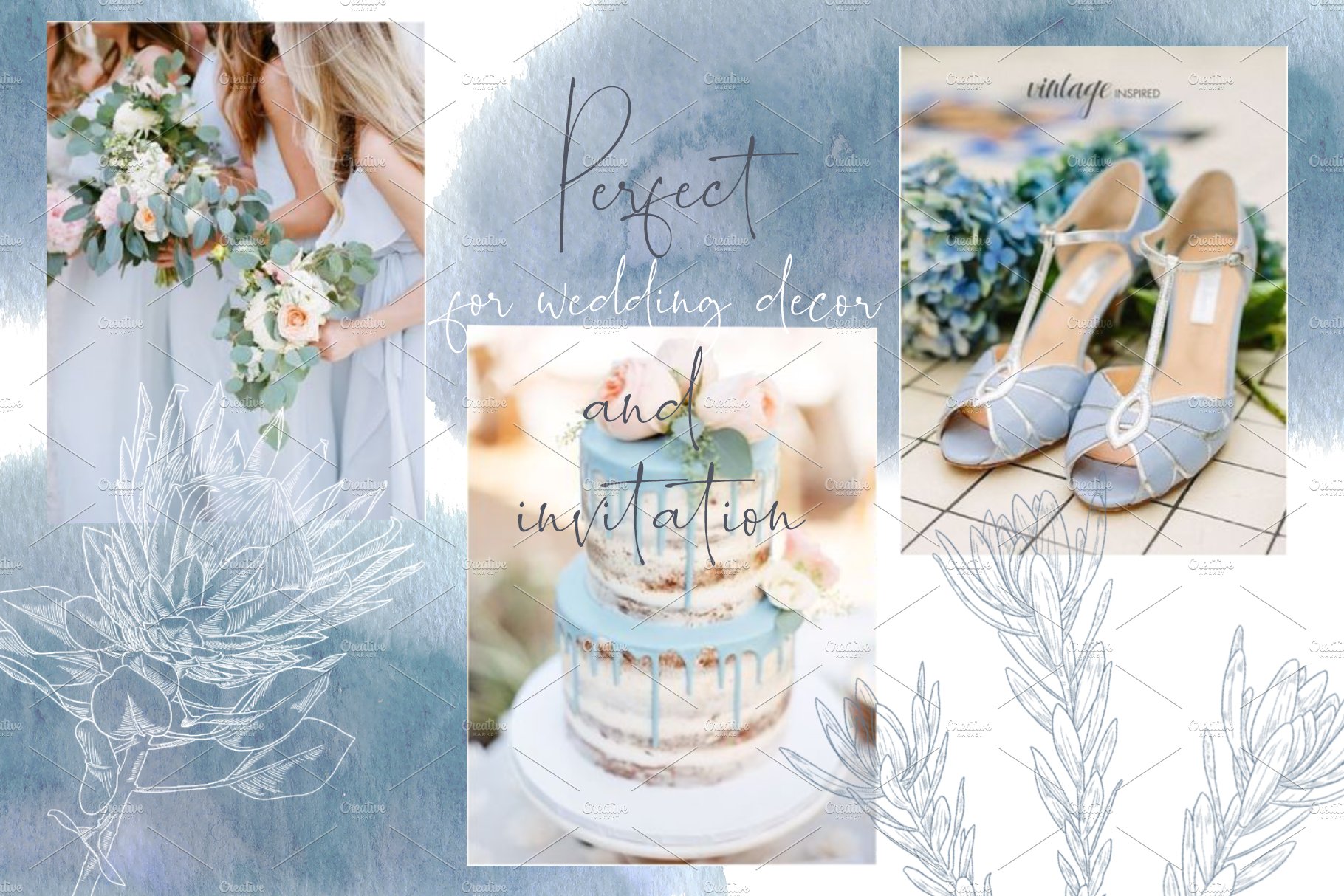 Collage of photos of a bride and her wedding cake.