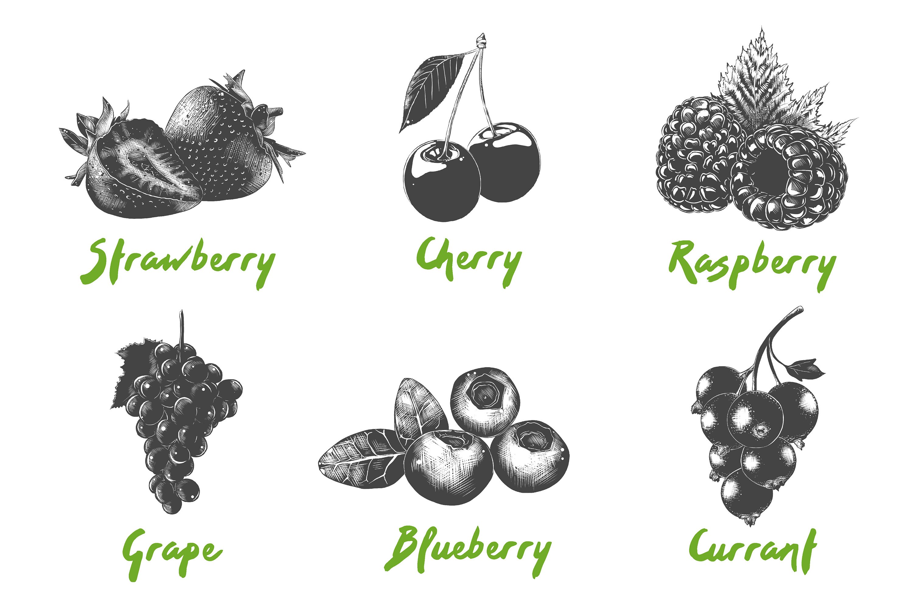 Bunch of fruit that are on a white background.