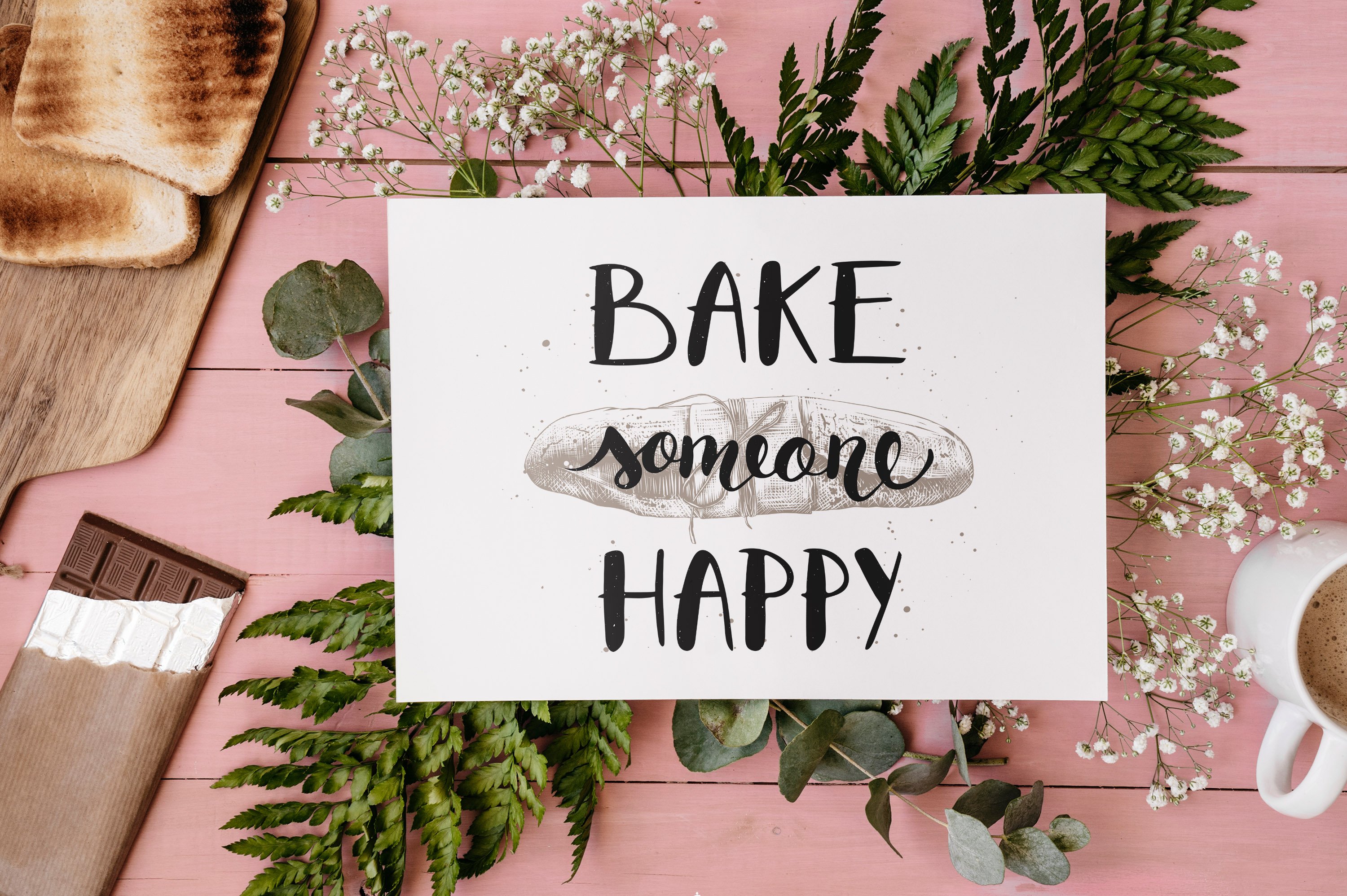 A card that says bake someone happy on it.