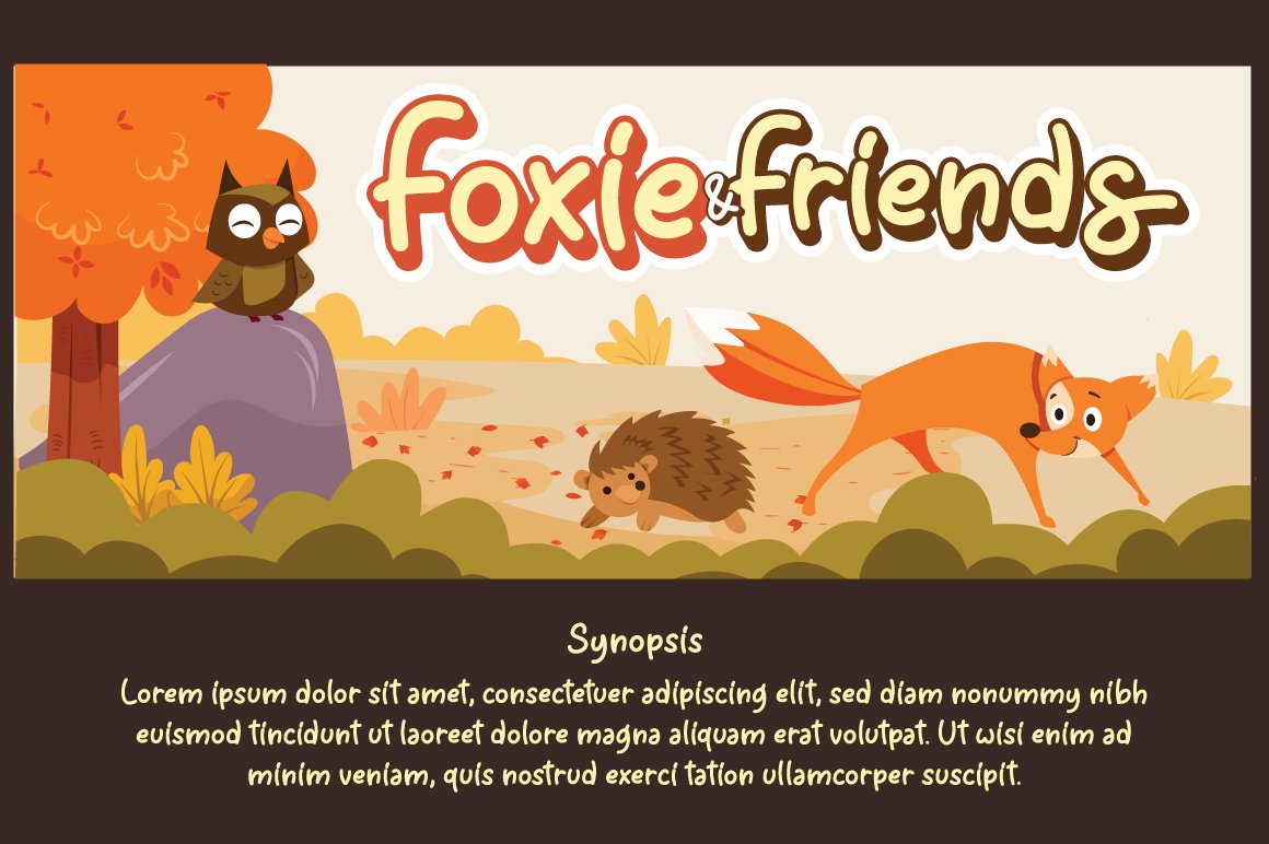 7 childbook synopsis cover about foxie the fox with owl and hedgehog or porcupine in autumn forest 182