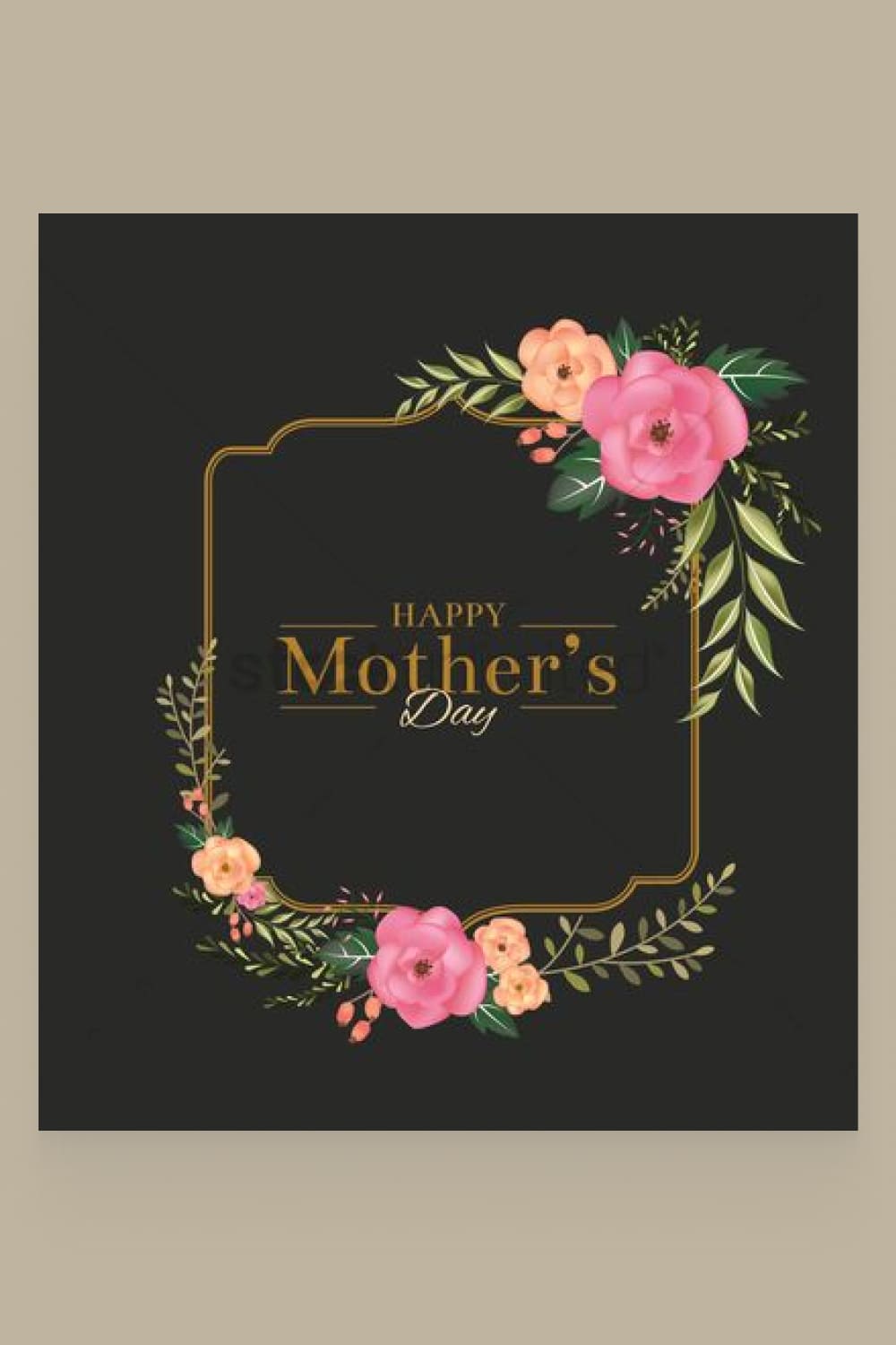 Black card for Mother's Day with a frame pattern with flowers.