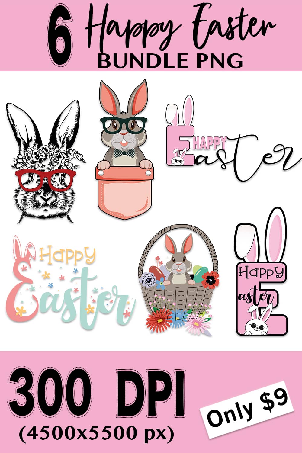 Happy Easter Sublimation PNG Bundle | 6 Designs - Only $9 pinterest preview image.