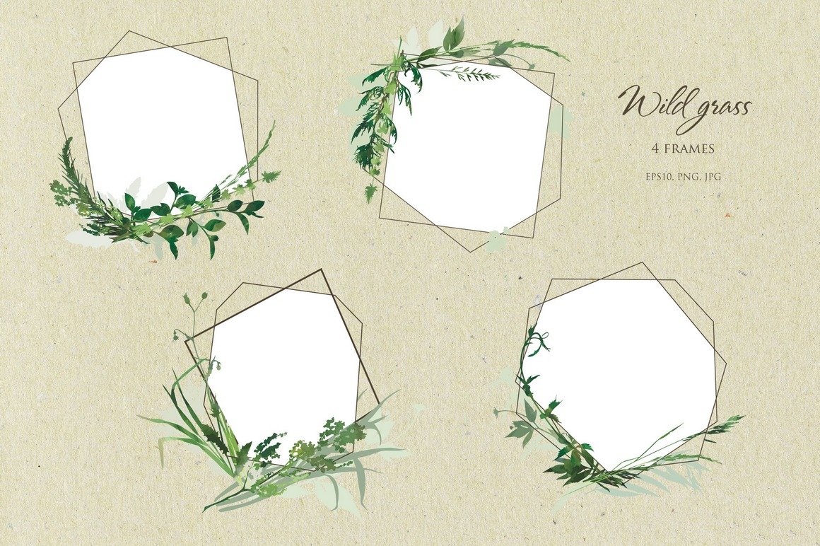 Set of four frames with greenery on them.