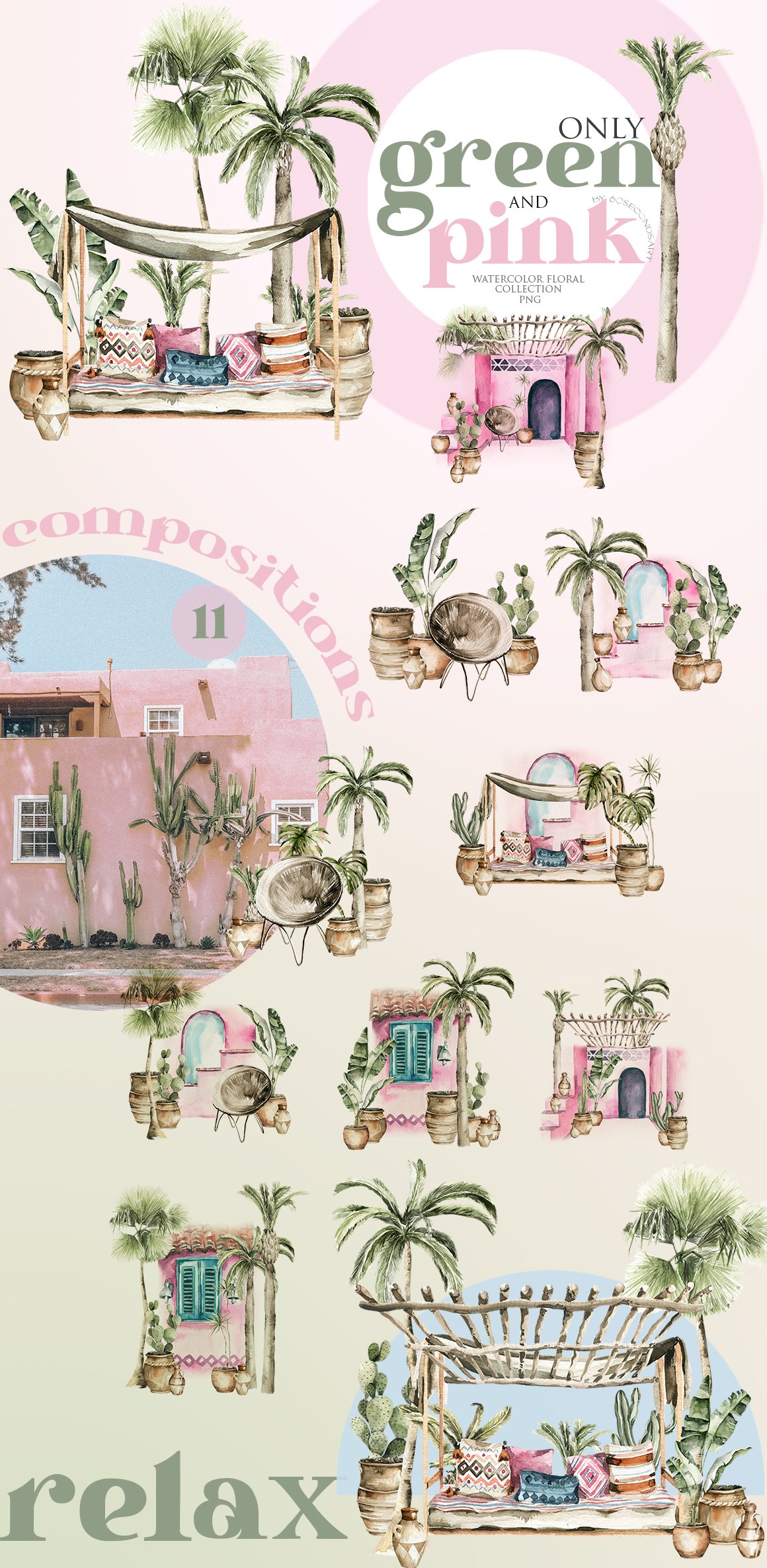 Pink poster with palm trees and a pink house.
