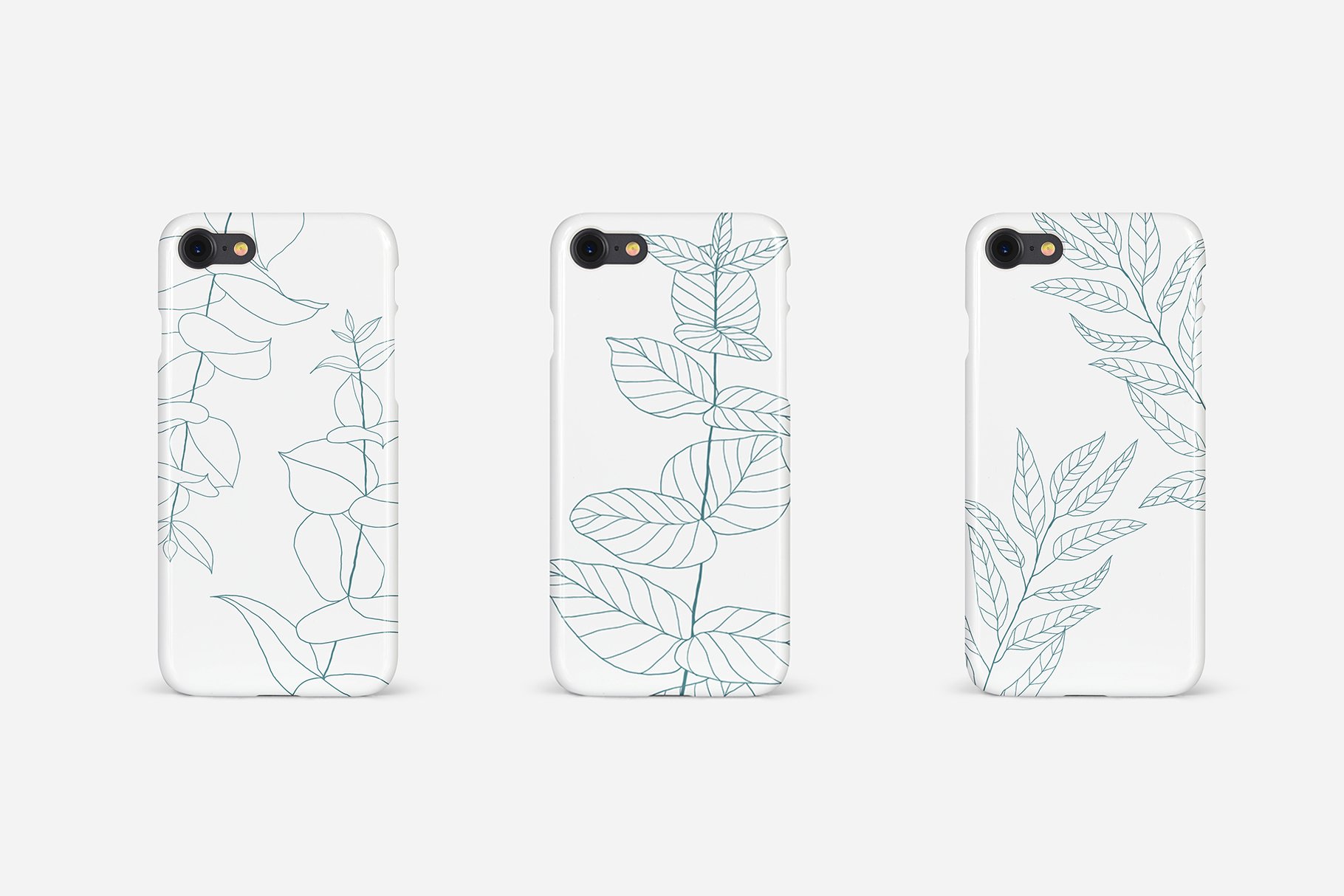 Three phone cases with leaves on them.