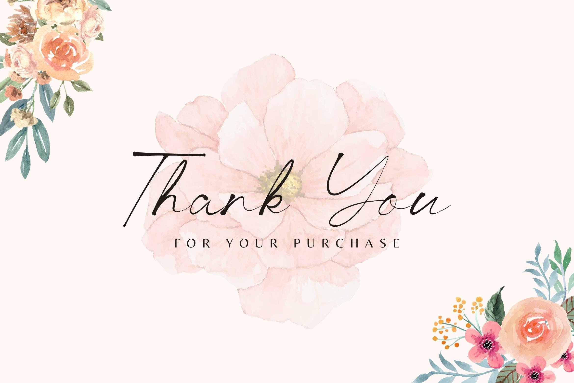 A thank card with watercolor flowers and the words thank you for your purchase.