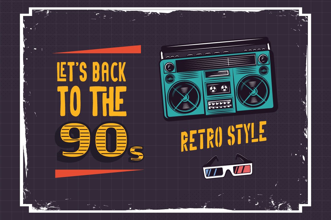 8 retro poster style with radio 3d glasses and grunge frame 382