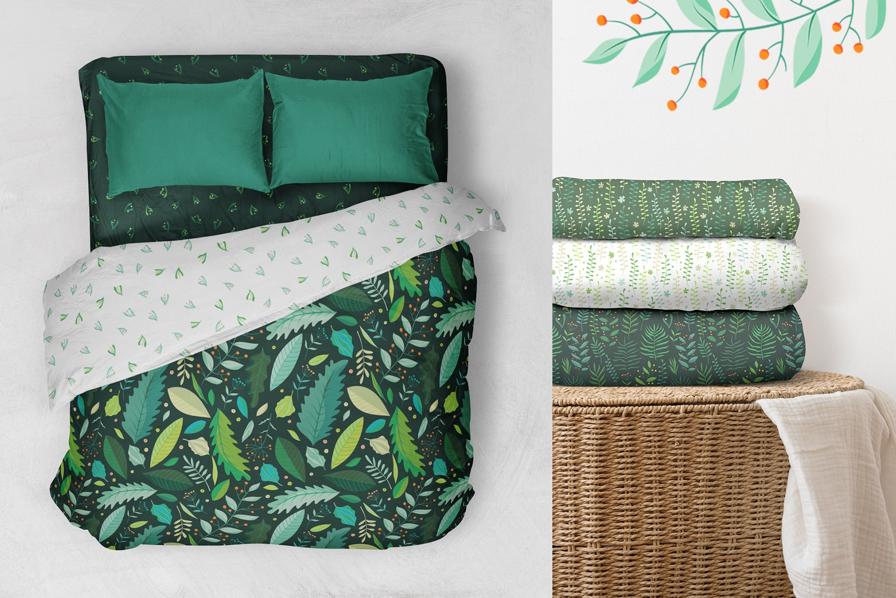 Bed with a green and white comforter next to a stack of green and.