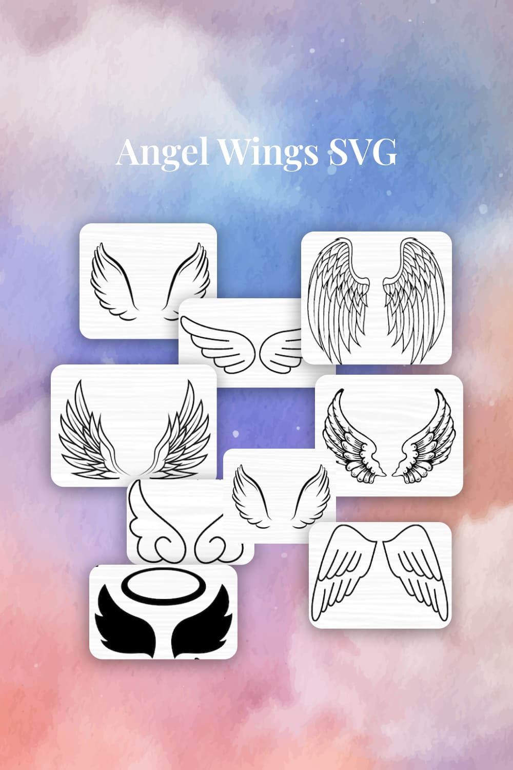 Collage depicting angel wings of various shapes and with a halo.