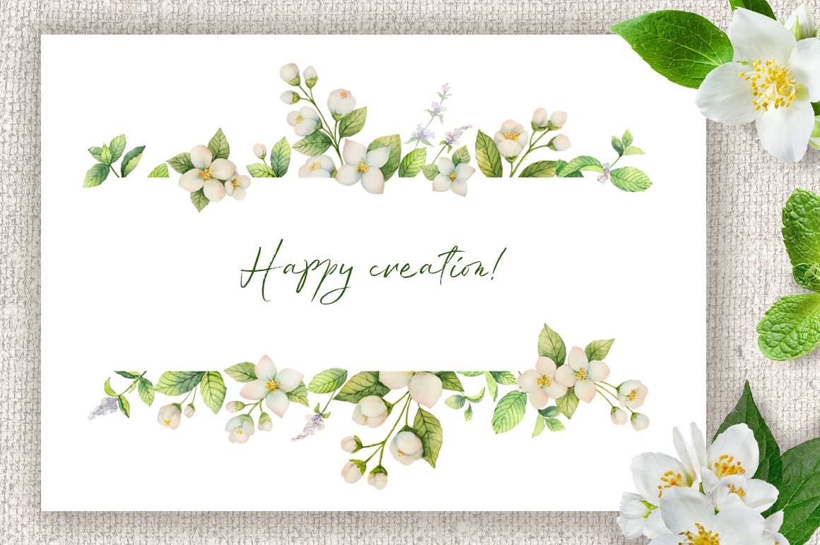 Greeting card with white flowers and green leaves.