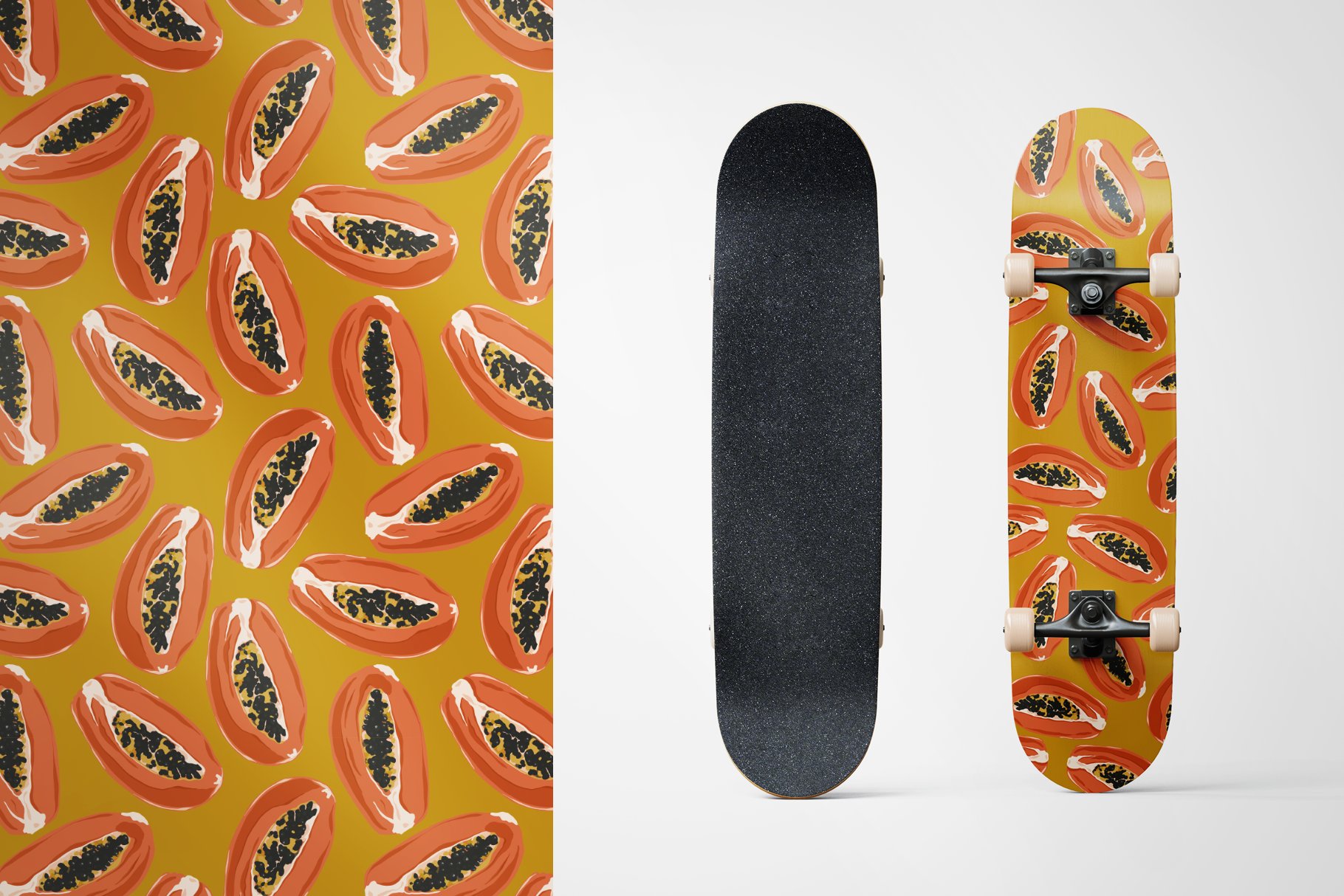 Skateboard is shown next to a wallpaper.
