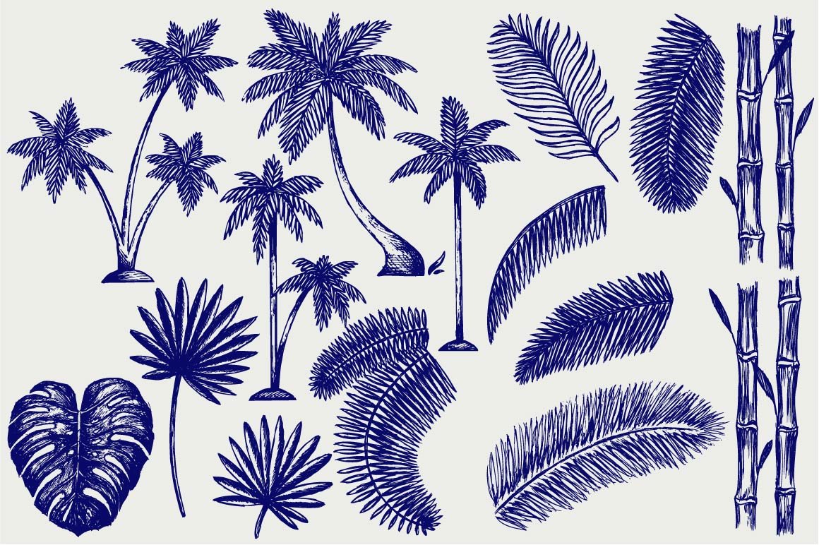 Blue and white drawing of palm trees.
