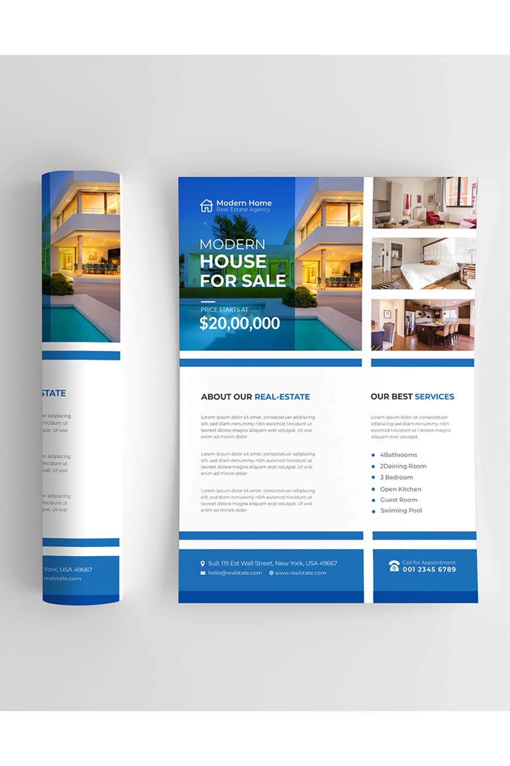 Real Estate Flyer Template Design, Modern Home Sale, Corporate Unique Flyer Design, Vector Flyer, Print Ready Template, in A4 size Vector pinterest preview image.