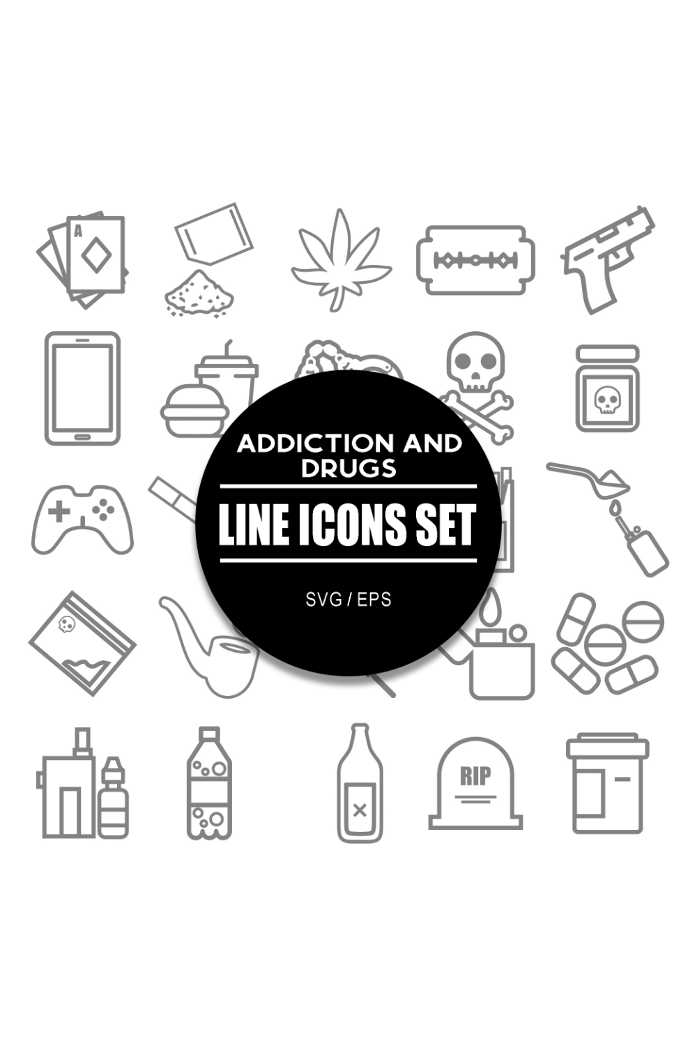Addiction and Drugs Icon Set pinterest preview image.