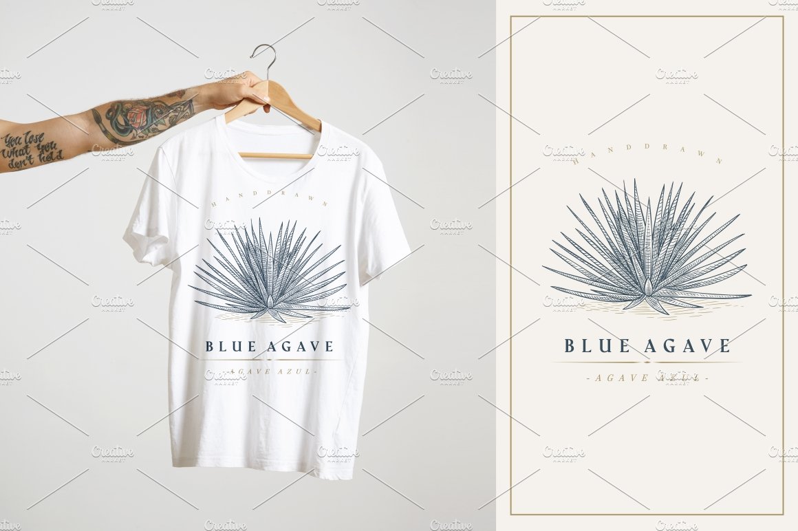 T - shirt with a blue agave plant on it.