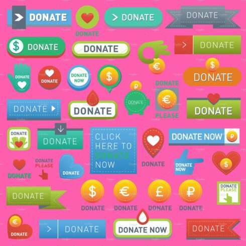 A pink background with a bunch of different types of buttons.