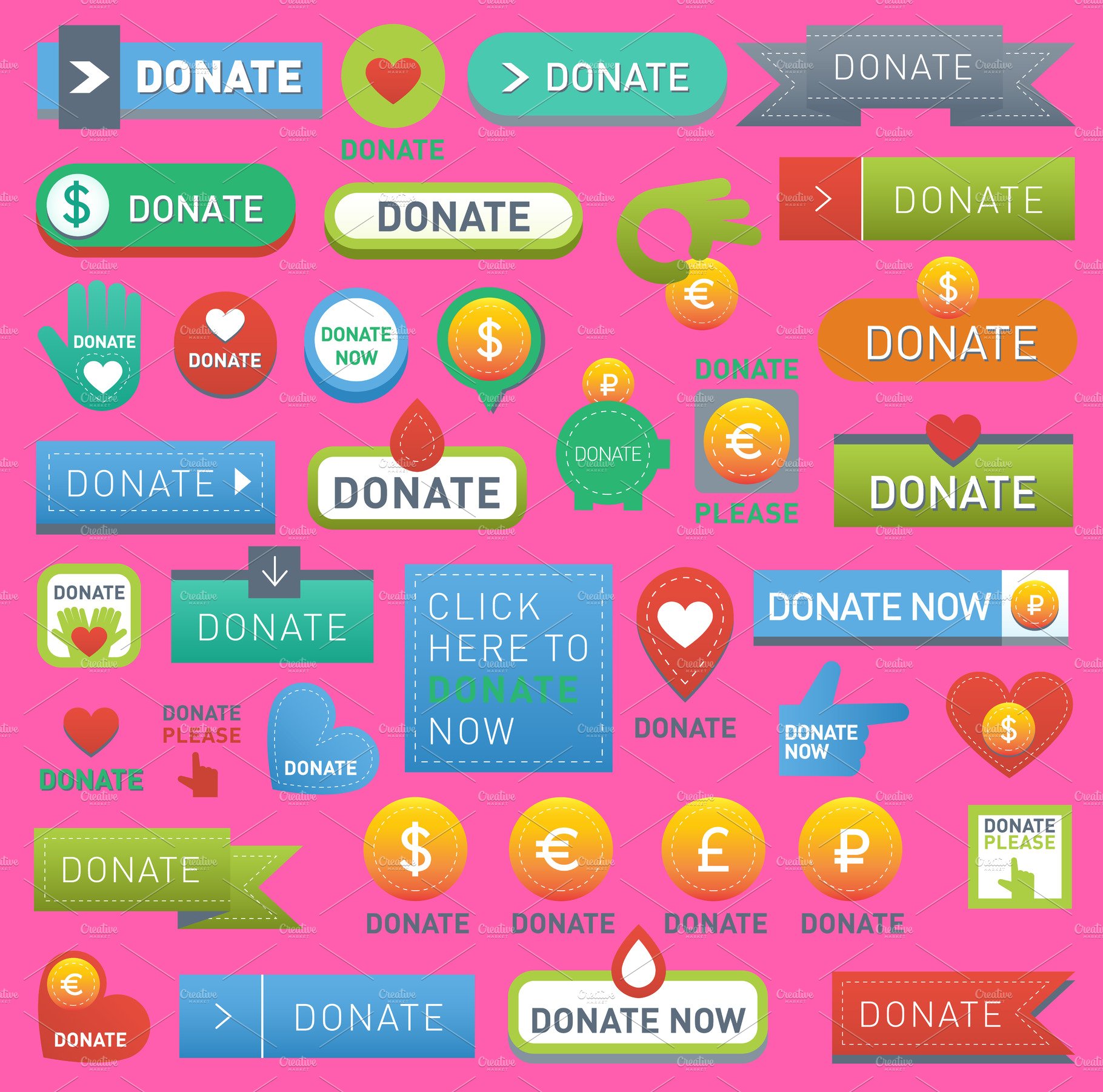 A pink background with a bunch of different types of buttons.