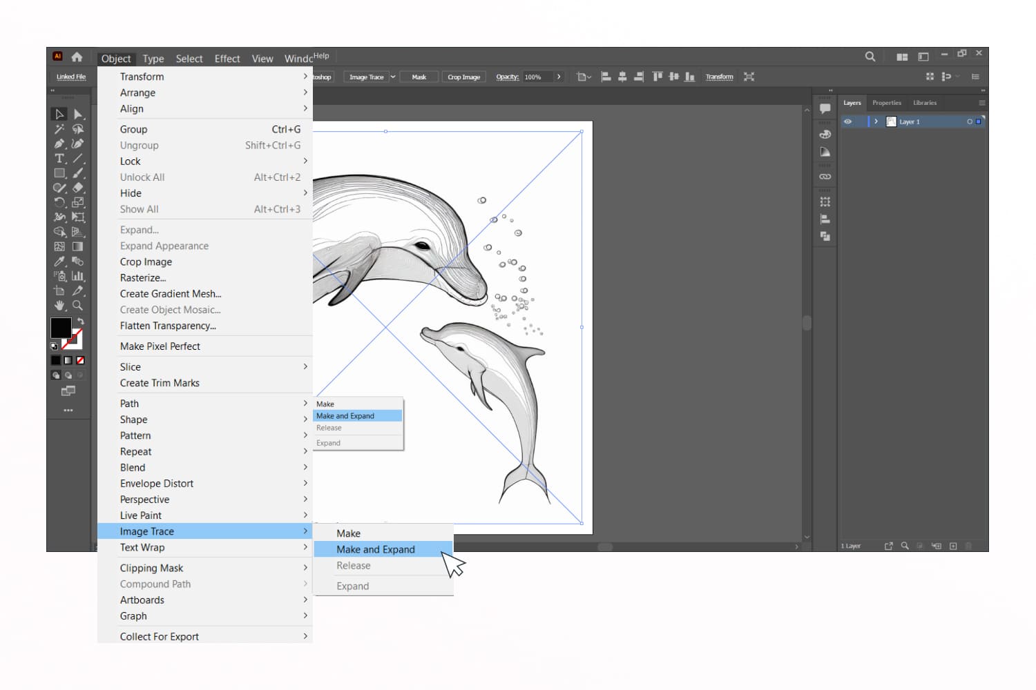 Adobe screenshot with choosing Image Trace.