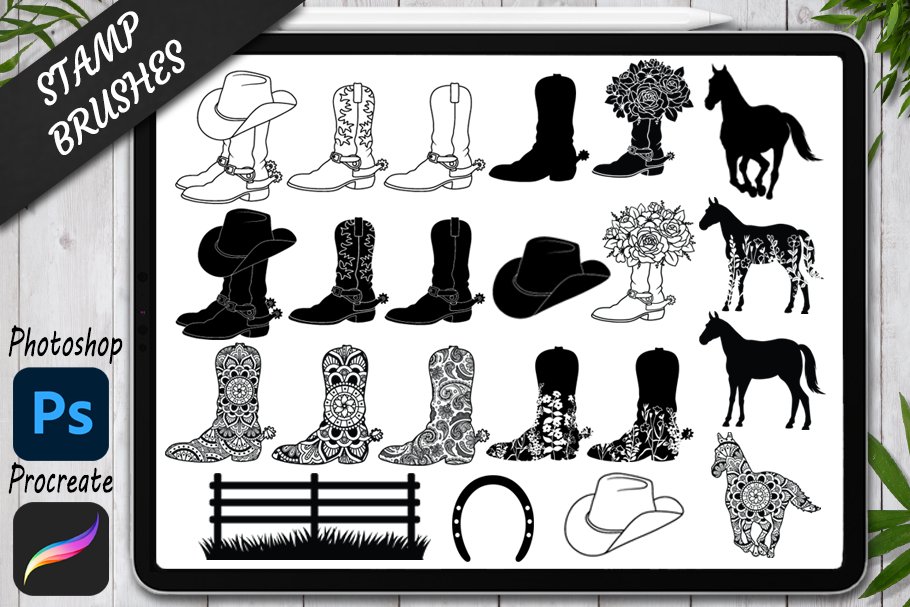 Procreate Cowboy Boot Stamps Brushescover image.