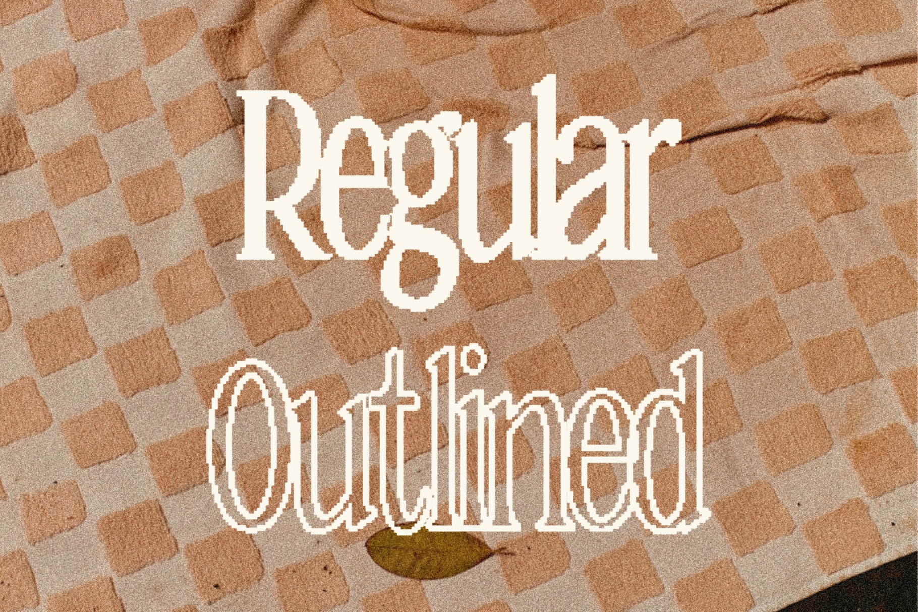 A brown and white checkered shirt with the words regular outlined in white.