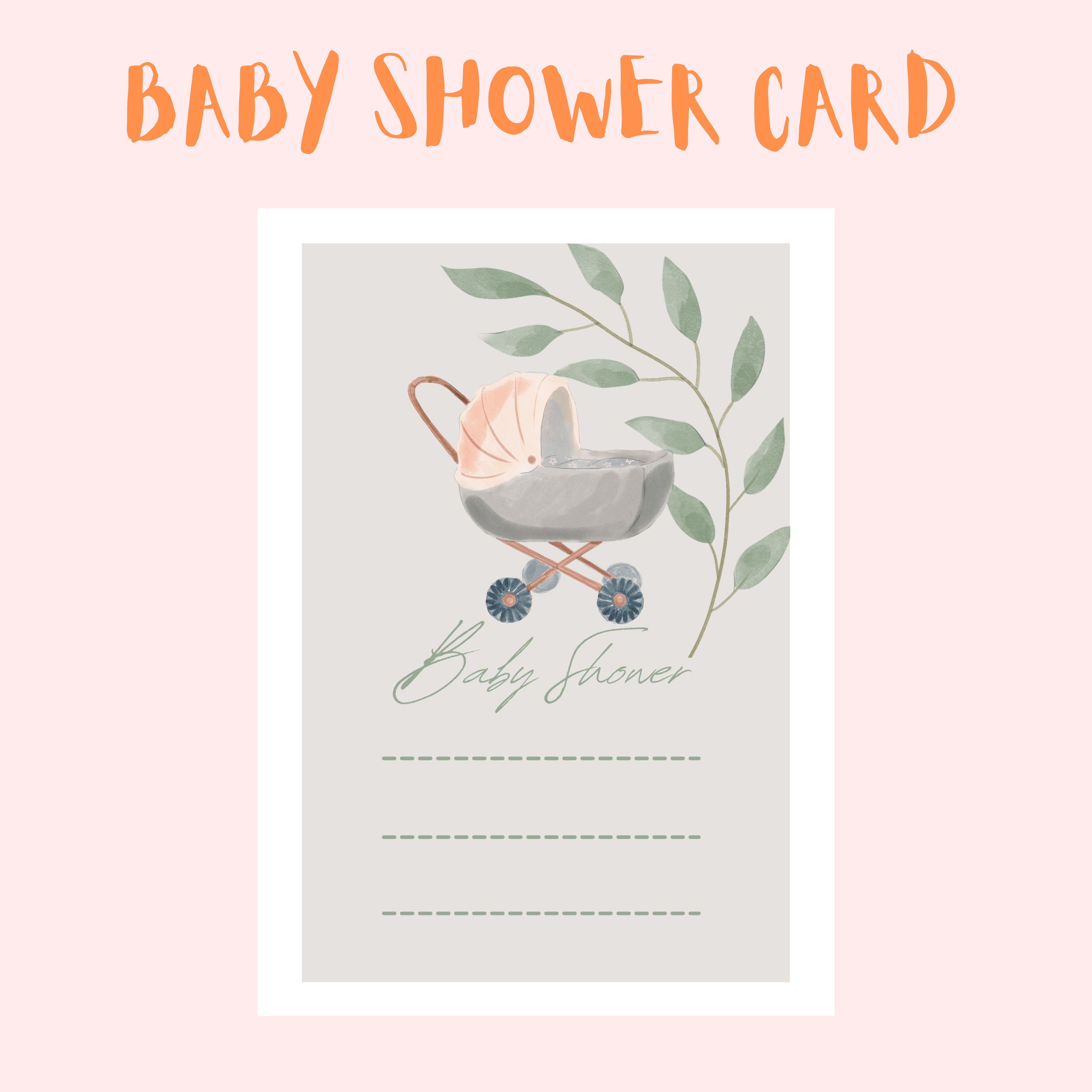 Baby shower card with a baby in a stroller.