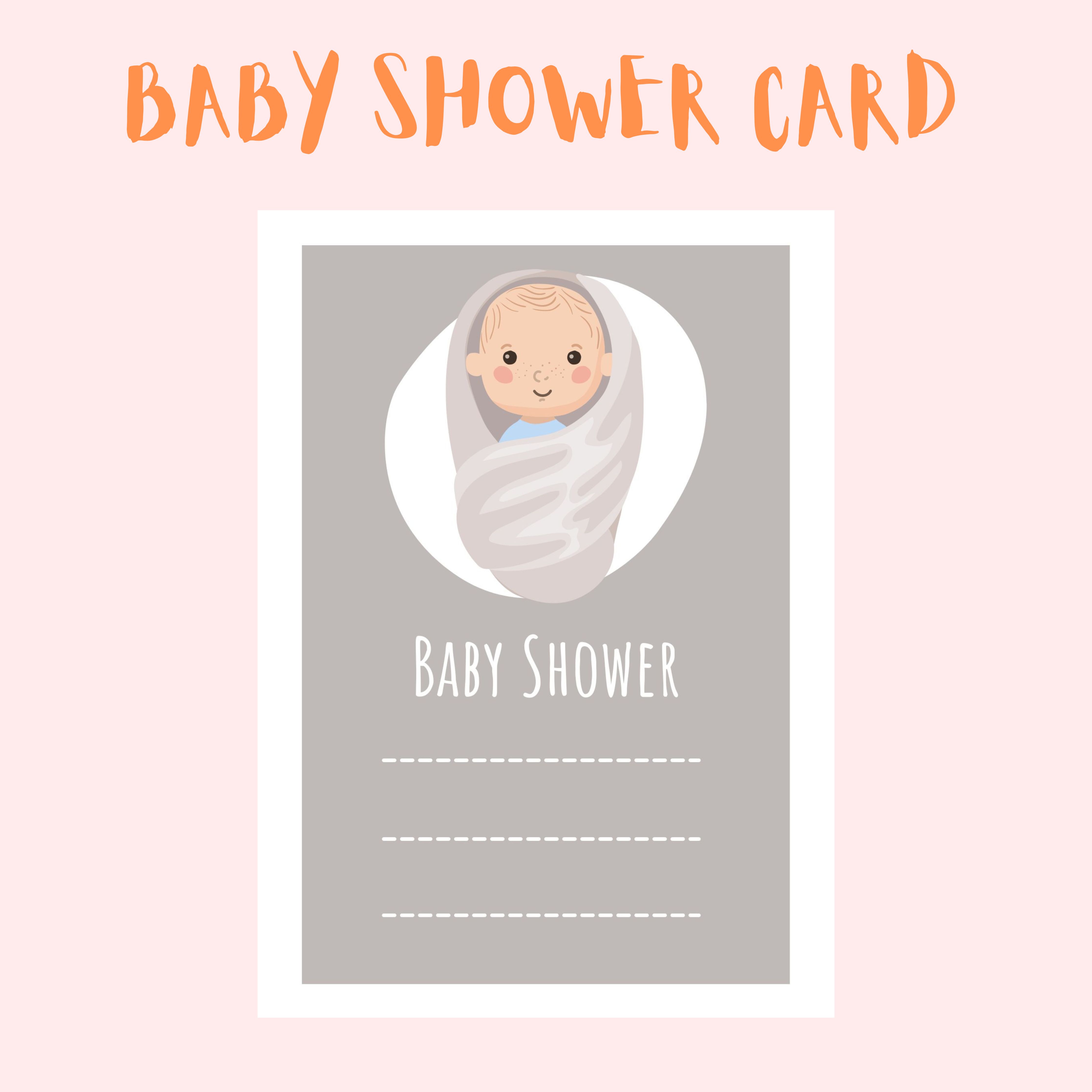 Baby shower card with a picture of a baby wrapped in a blanket.