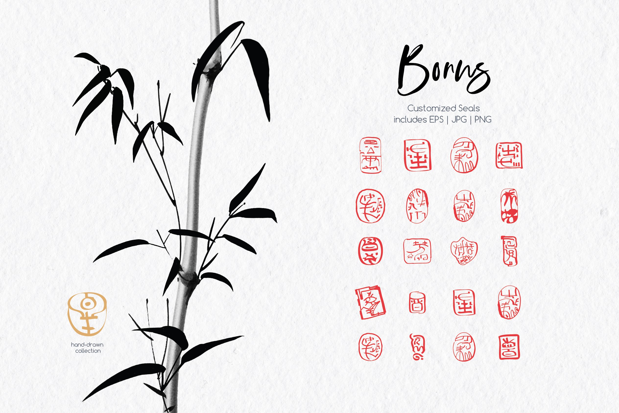 Drawing of a bamboo plant with chinese writing on it.