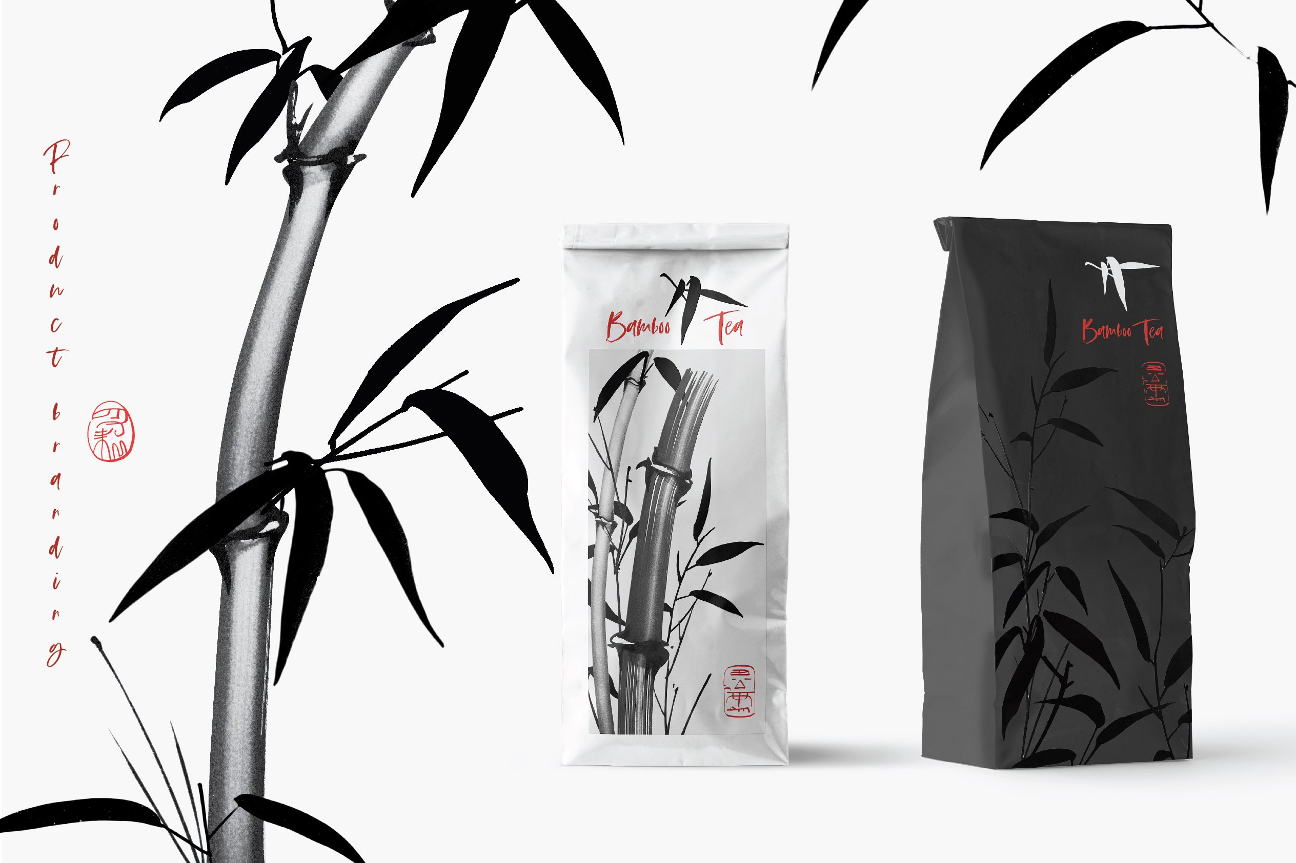Black and white photo of a bag of tea next to a bamboo plant.