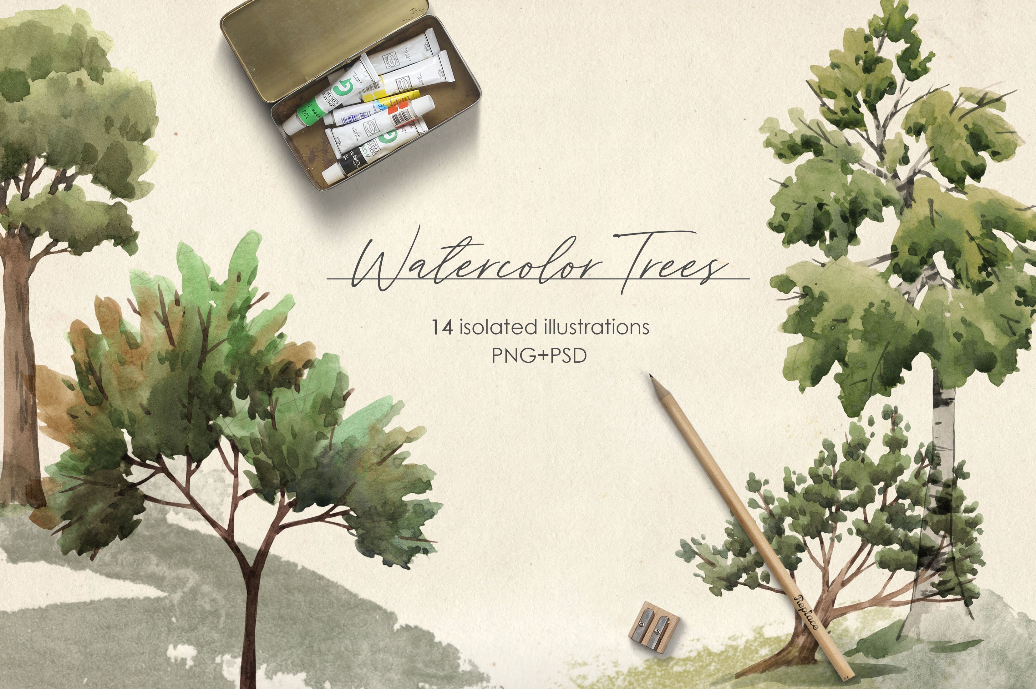 Watercolor Trees Illustrations PNG cover image.