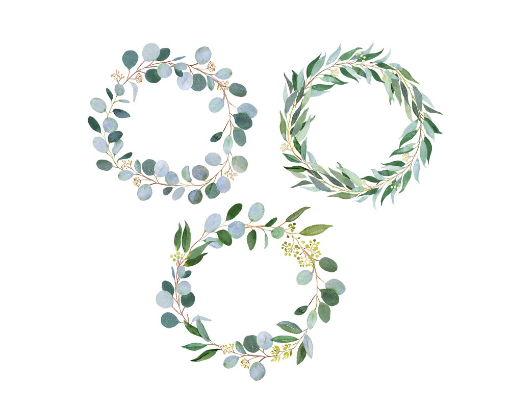 Set of three watercolor wreaths with green leaves.