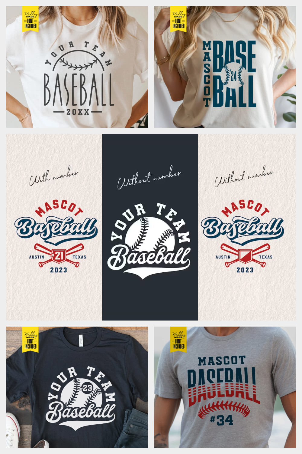 Collage of photos of t-shirts with baseball logos.