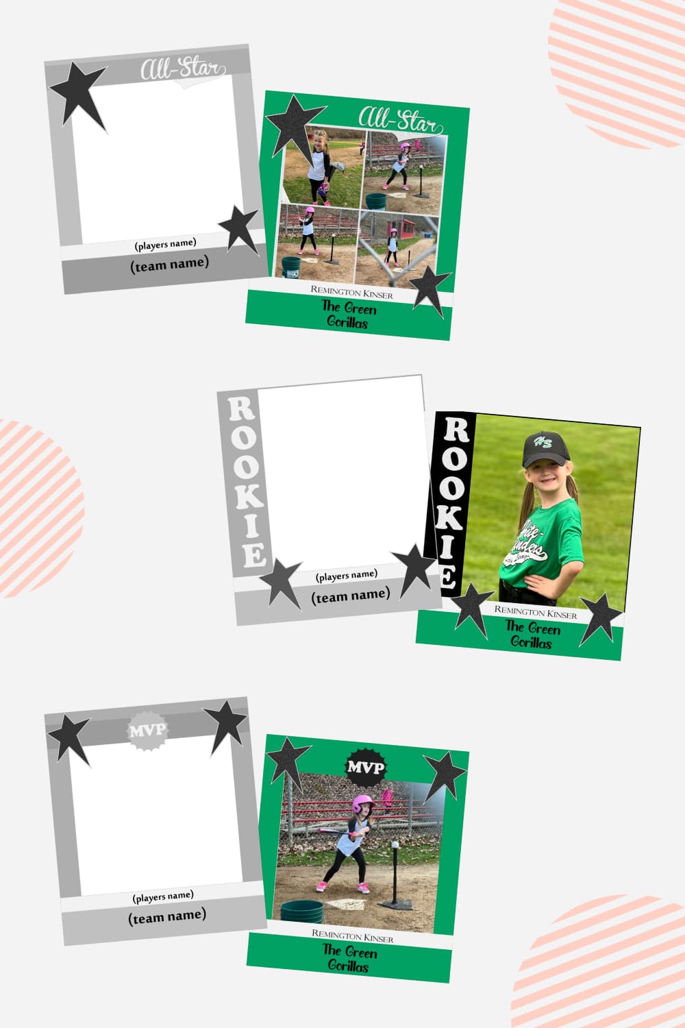 Collage of cards with photos of children-baseball players.