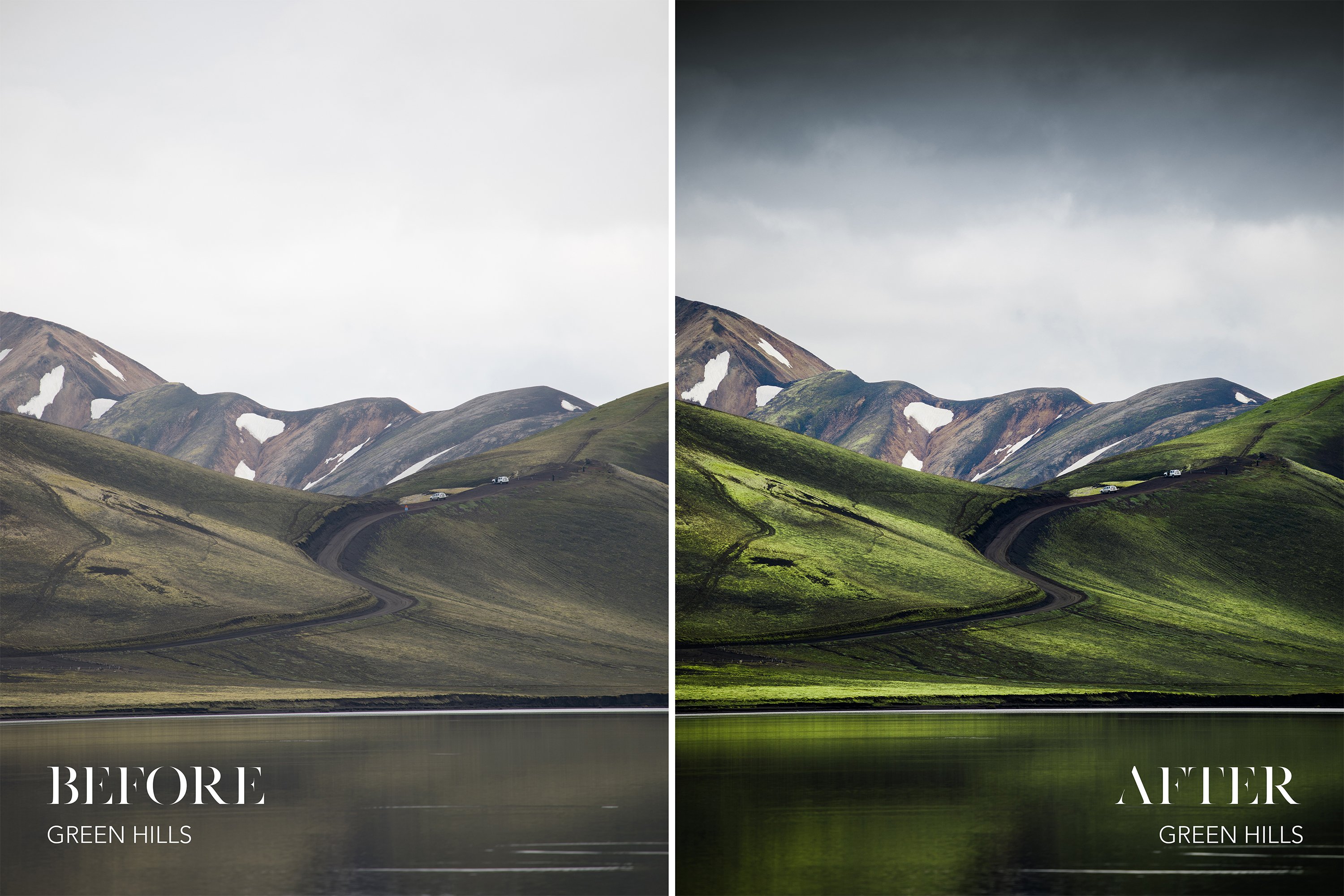 before after iceland green hills 111