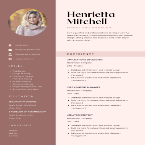 Professional resume for a marketing manager.
