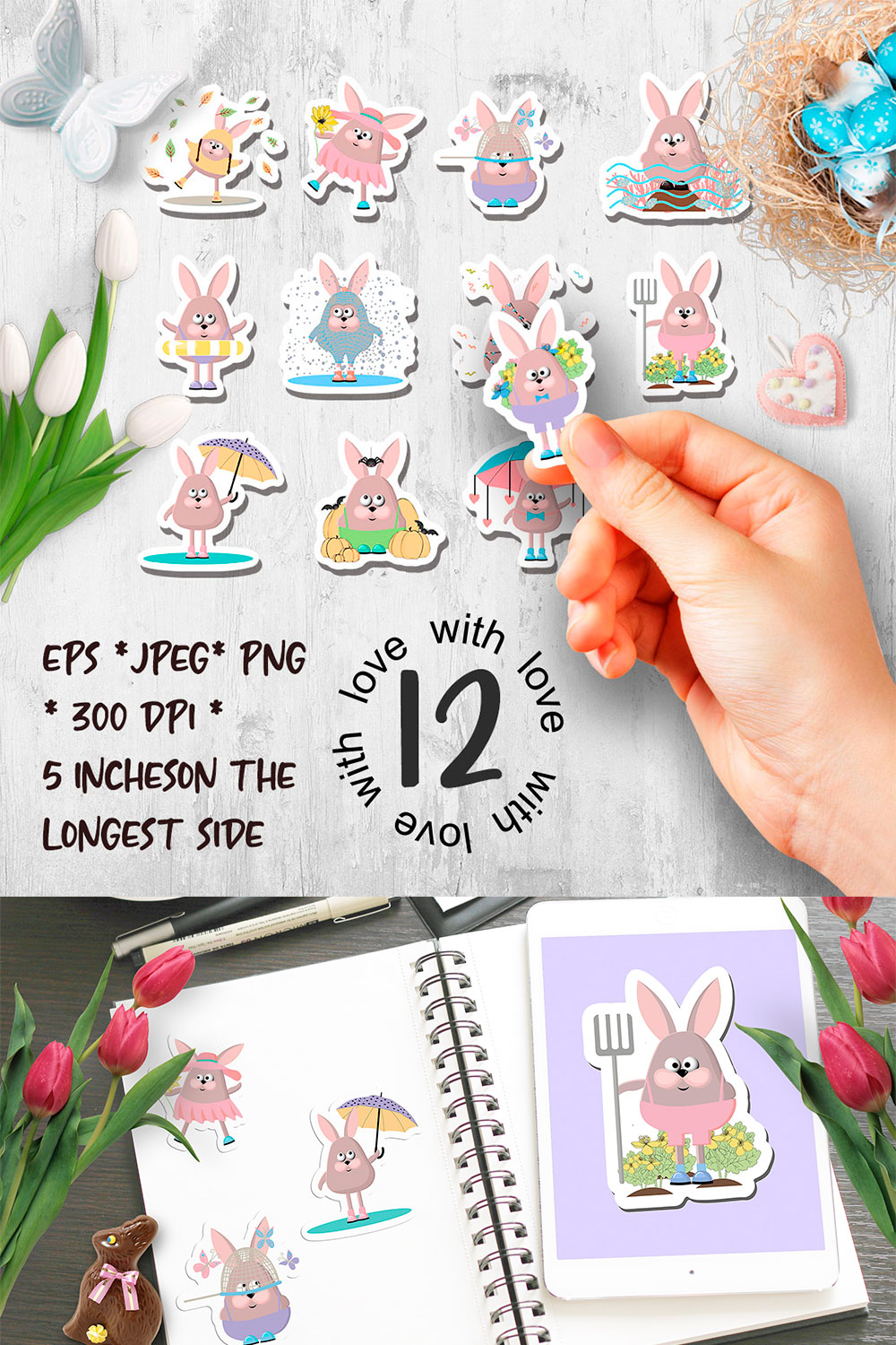 Easter bunny sticker set | Printable stickers for Cricut pinterest preview image.