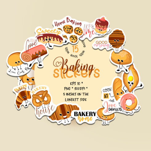 Set of stickers with pastries and bakery | 15 baking sticker designs cover image.